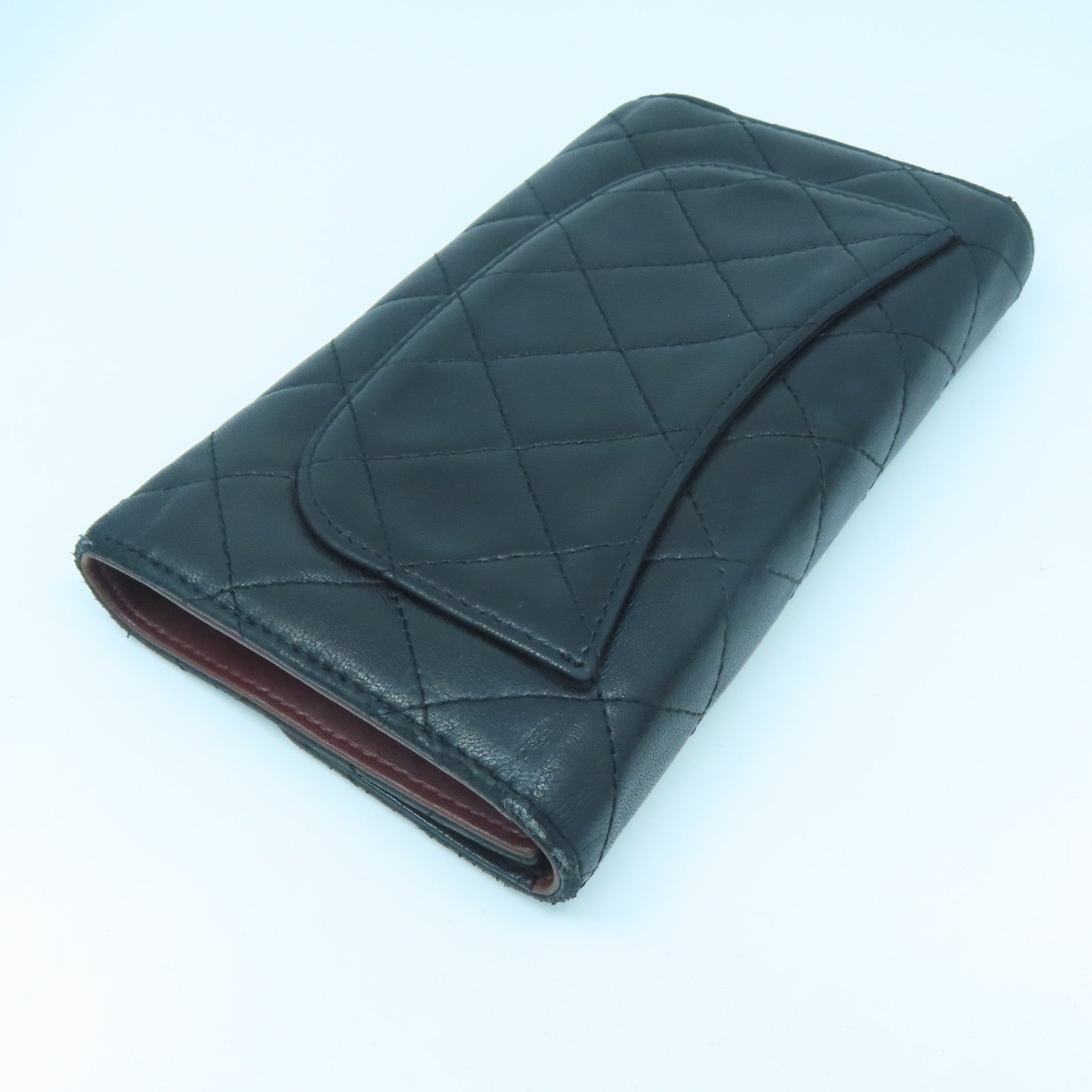 CHANEL rhombus sheepskin leather Long Wallet silver buckle long wallet black