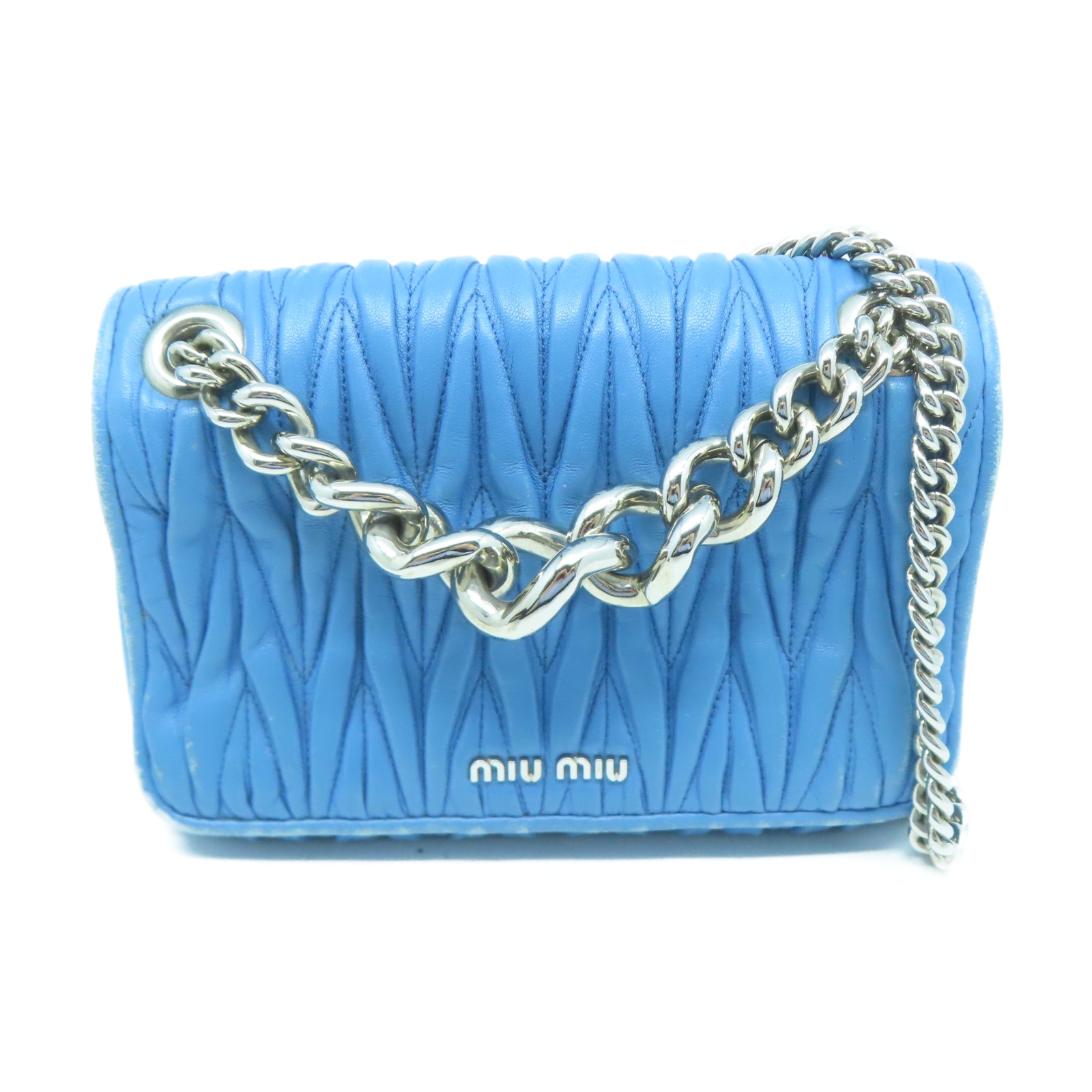 Miu Miu 羊皮皮革Chain Shoulder銀扣鏈帶肩背袋藍色