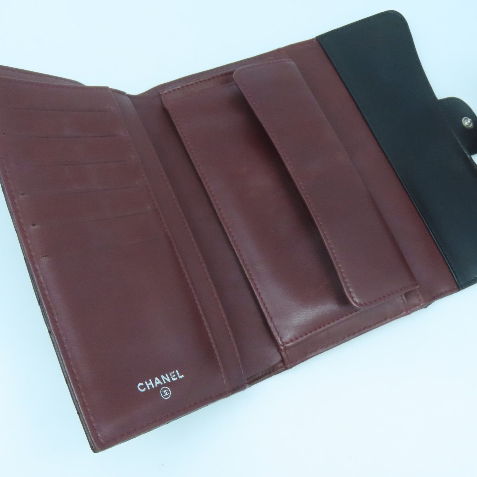 CHANEL rhombus sheepskin leather Long Wallet silver buckle long wallet black