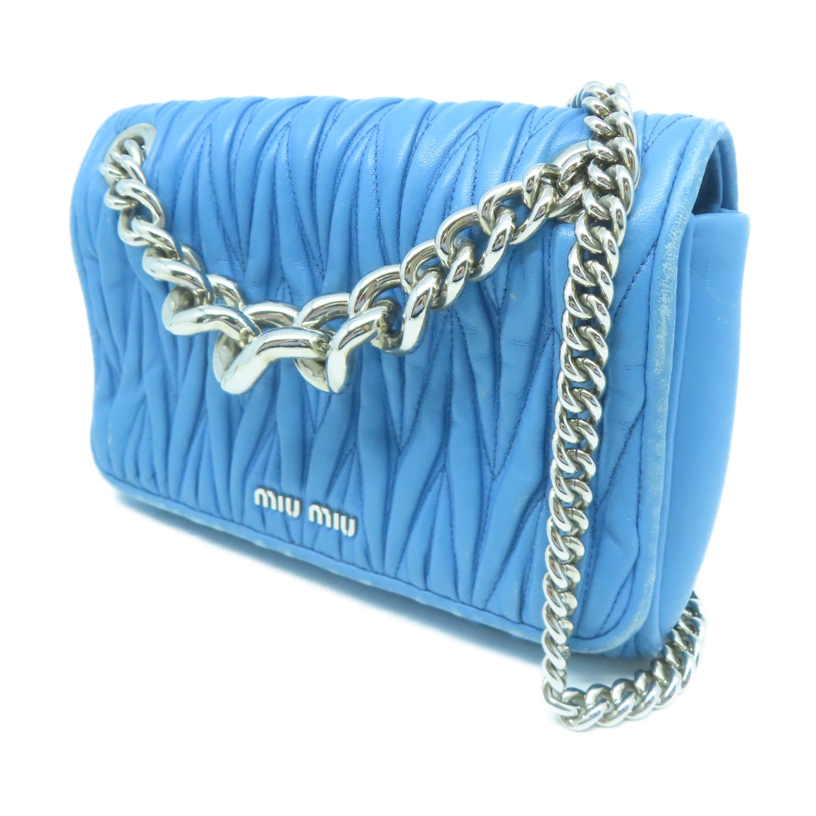 Miu Miu 羊皮皮革Chain Shoulder銀扣鏈帶肩背袋藍色