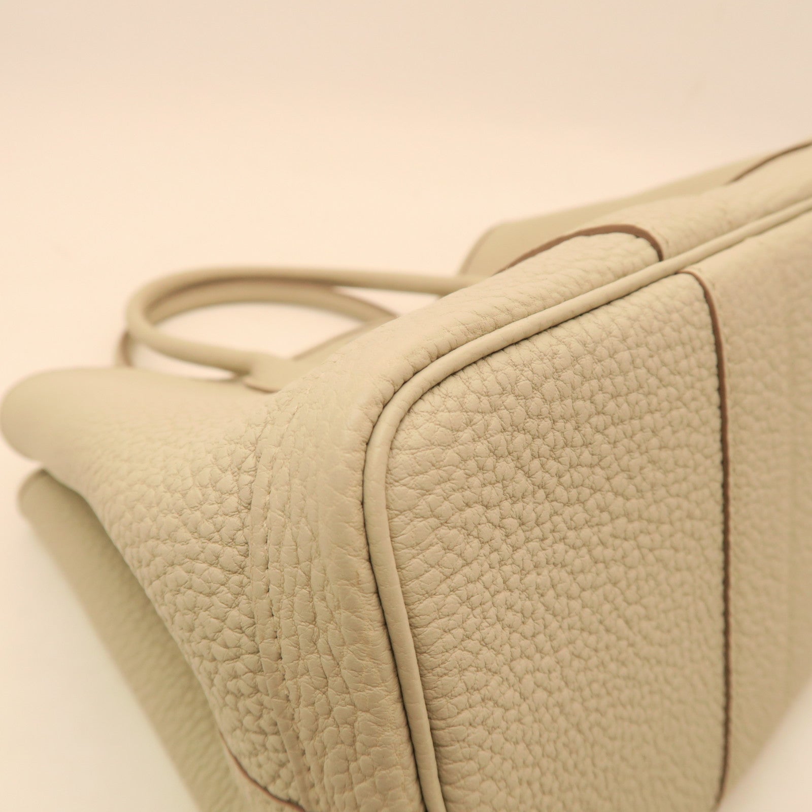 HERMES Leather/Canvas Garden File PM Silver Buckle Handle Bag Beige