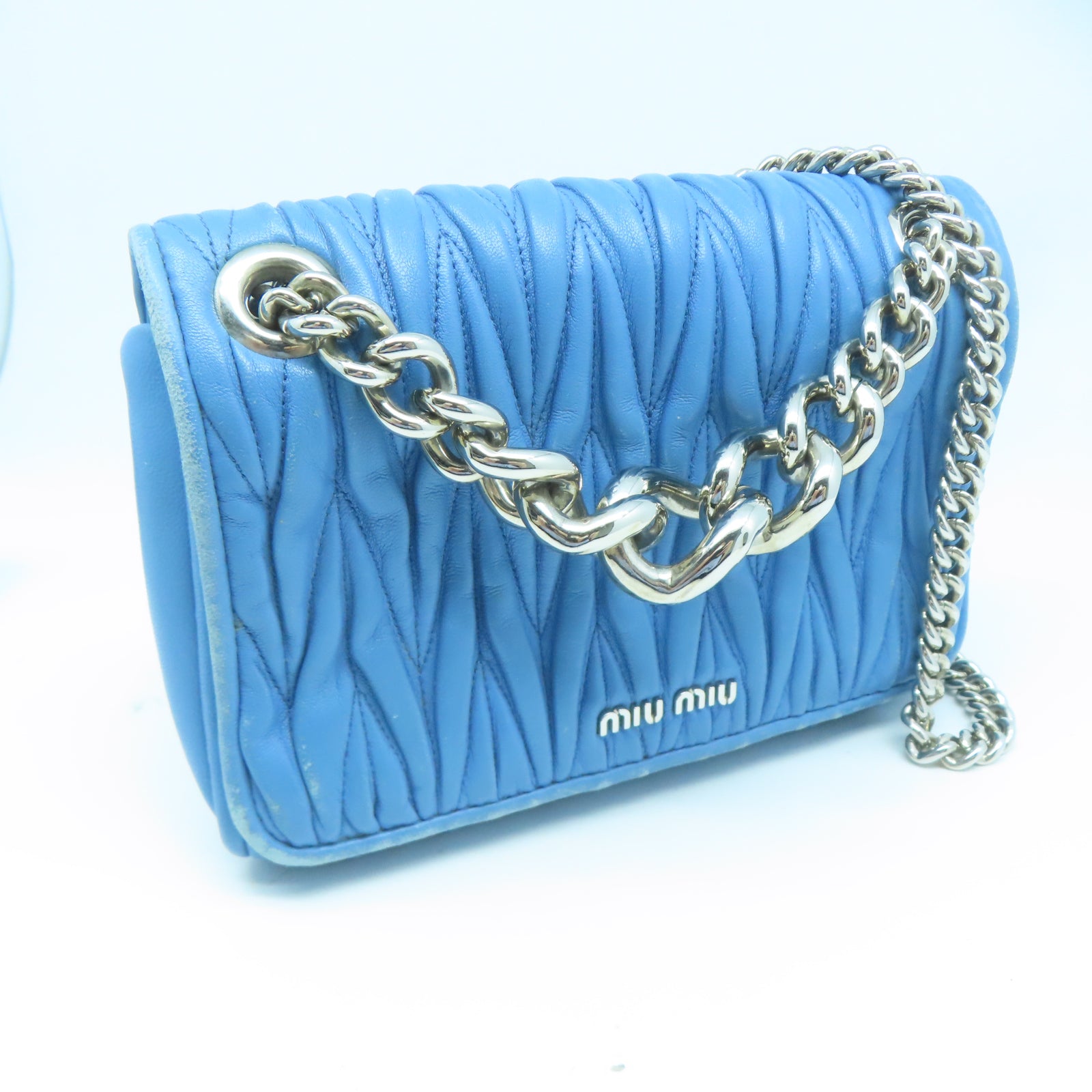 Miu Miu 羊皮皮革Chain Shoulder銀扣鏈帶肩背袋藍色