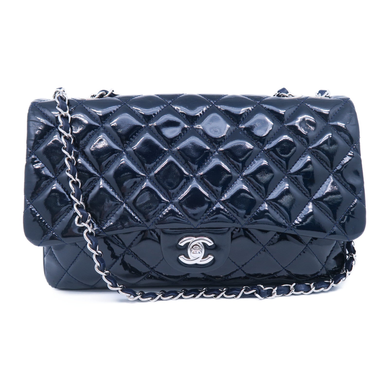CHANEL 【激減優惠】菱格漆皮皮革Chain Shoulder銀扣鏈帶肩背袋藍色