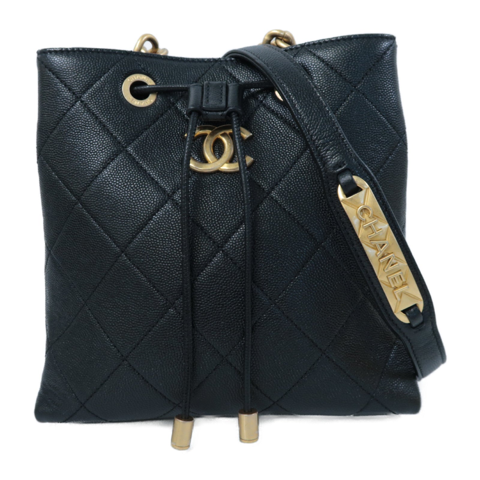 CHANEL 菱格牛皮皮革Chain Shoulder金扣鏈帶肩背袋黑色