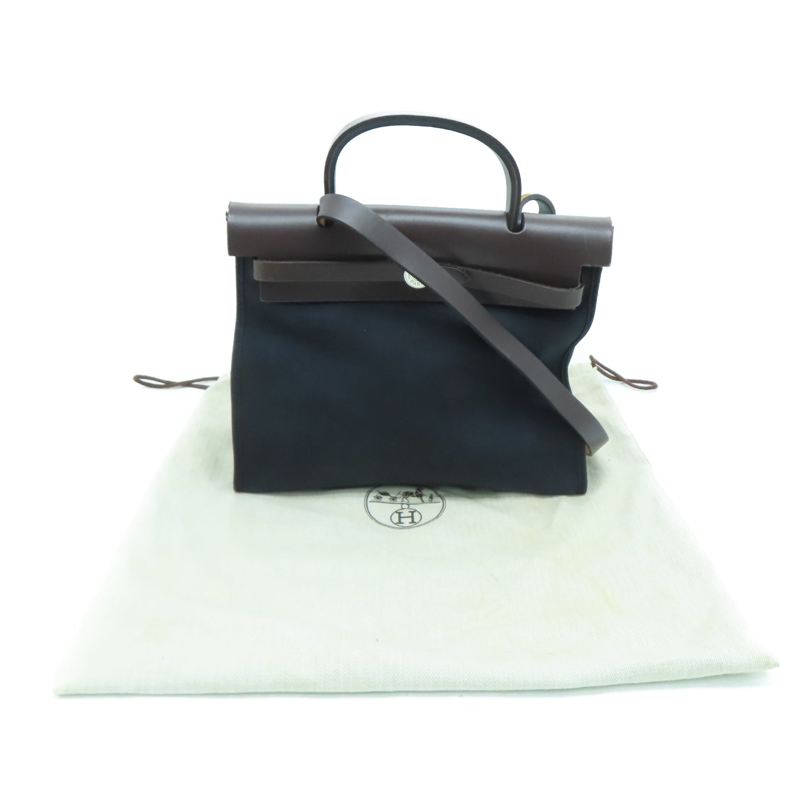 HERMES 帆布Herbag PM銀扣手挽肩背兩用袋黑色/棕色
