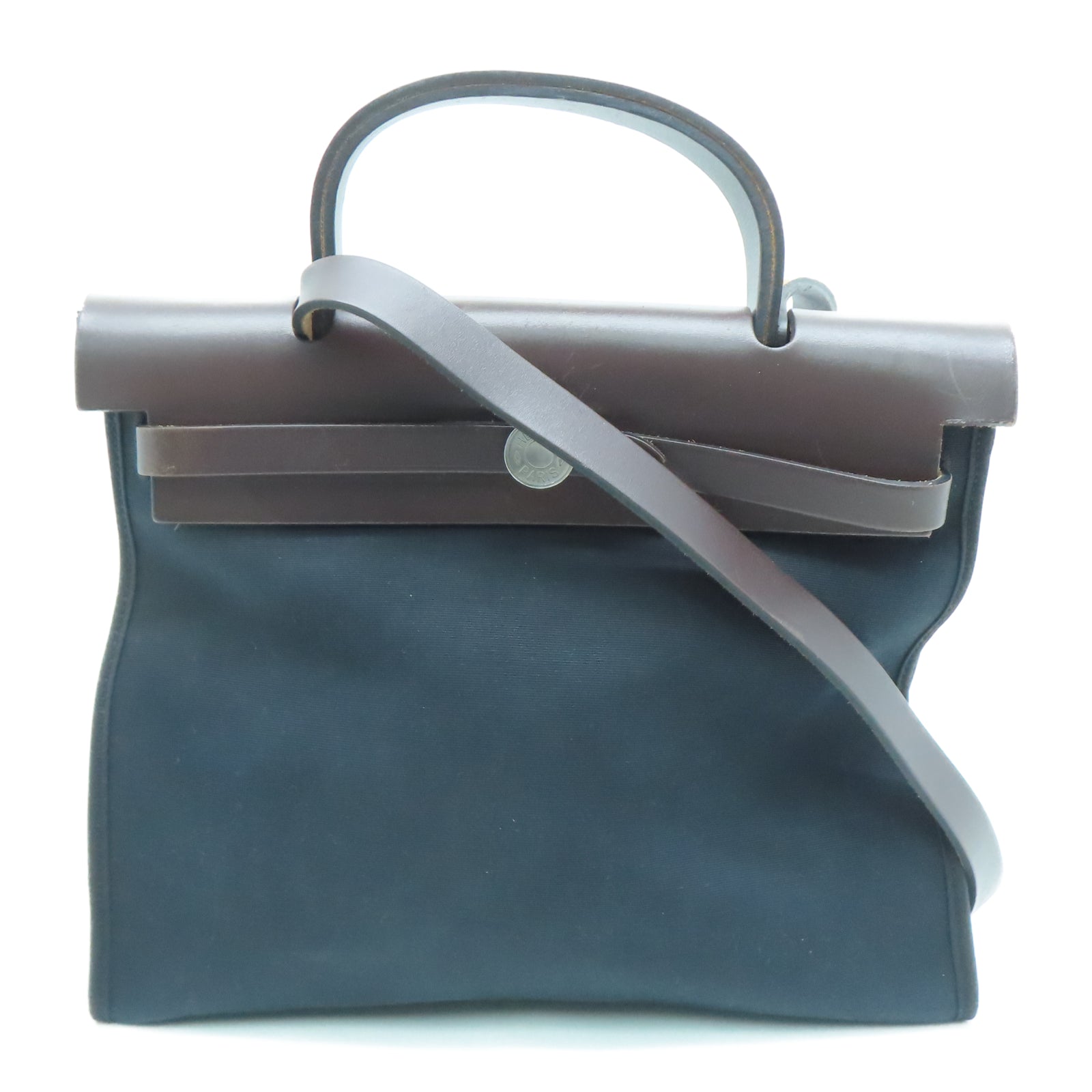 HERMES 帆布Herbag PM銀扣手挽肩背兩用袋黑色/棕色