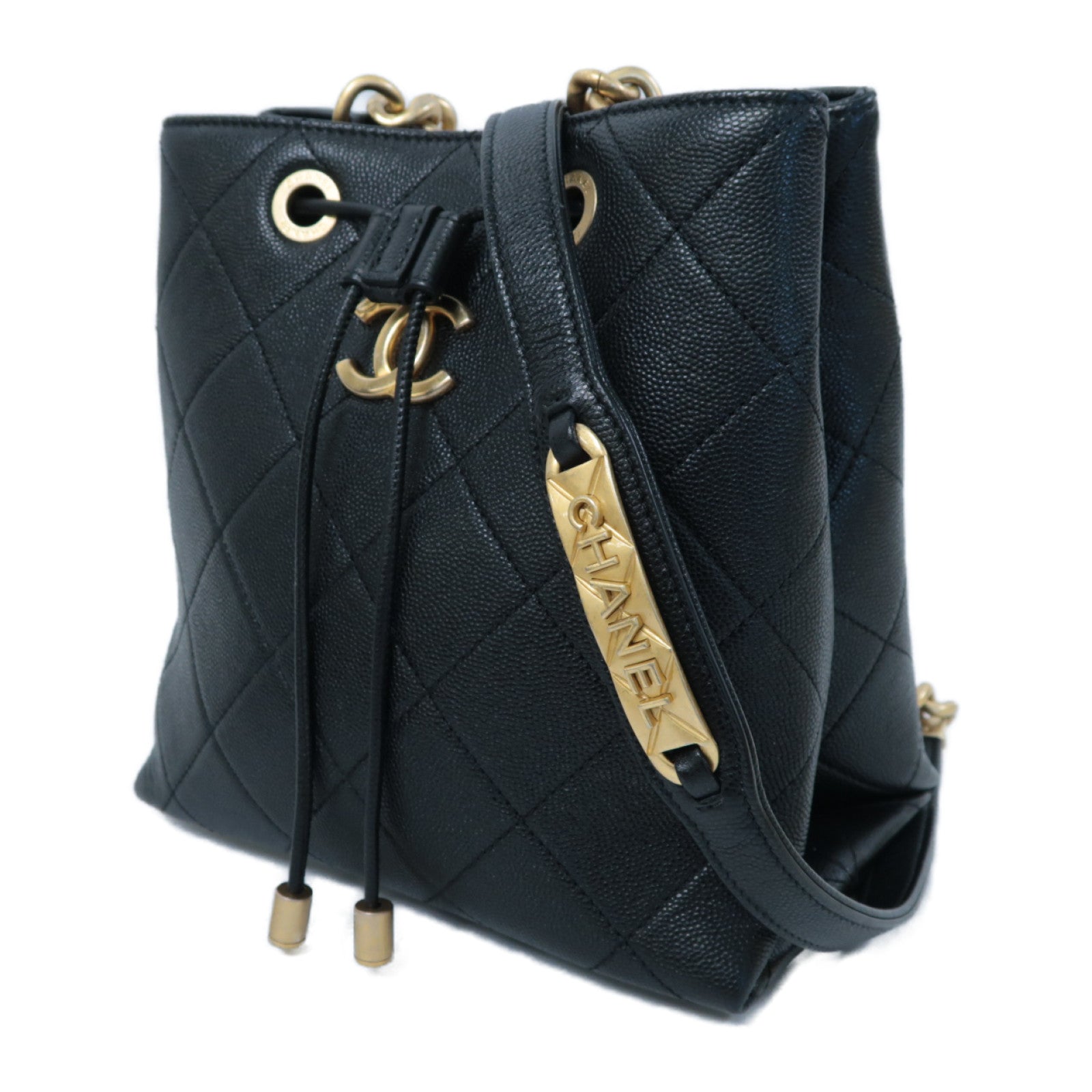 CHANEL 菱格牛皮皮革Chain Shoulder金扣鏈帶肩背袋黑色