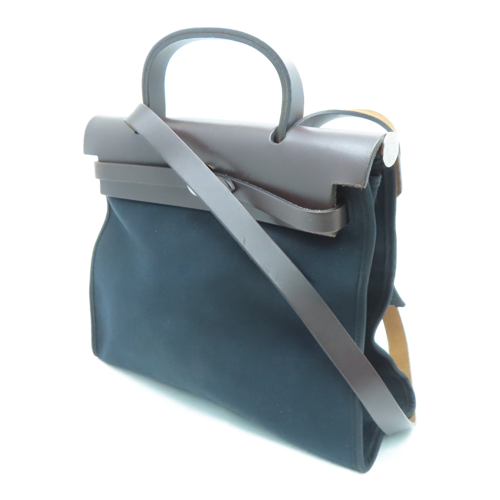 HERMES 帆布Herbag PM銀扣手挽肩背兩用袋黑色/棕色