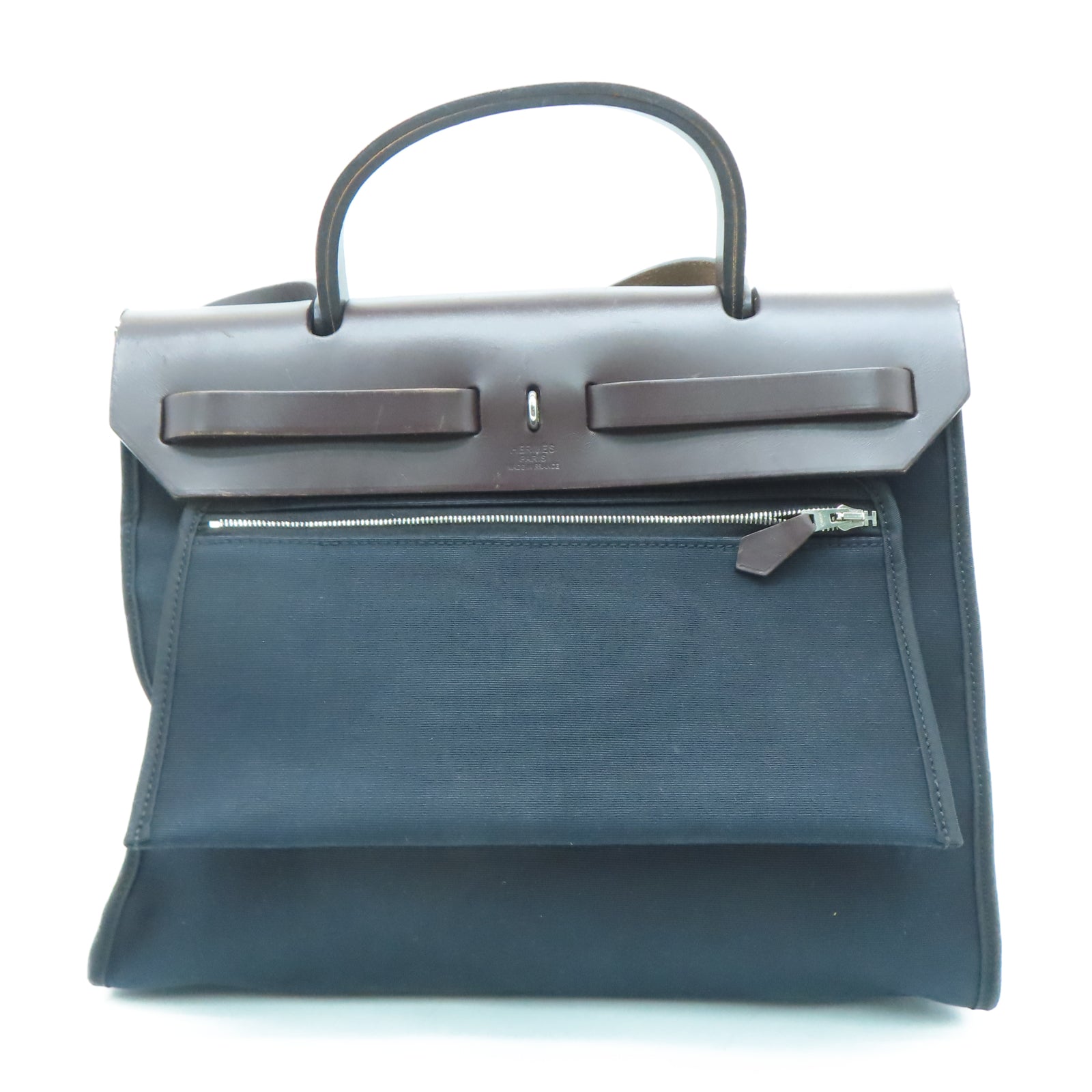 HERMES 帆布Herbag PM銀扣手挽肩背兩用袋黑色/棕色