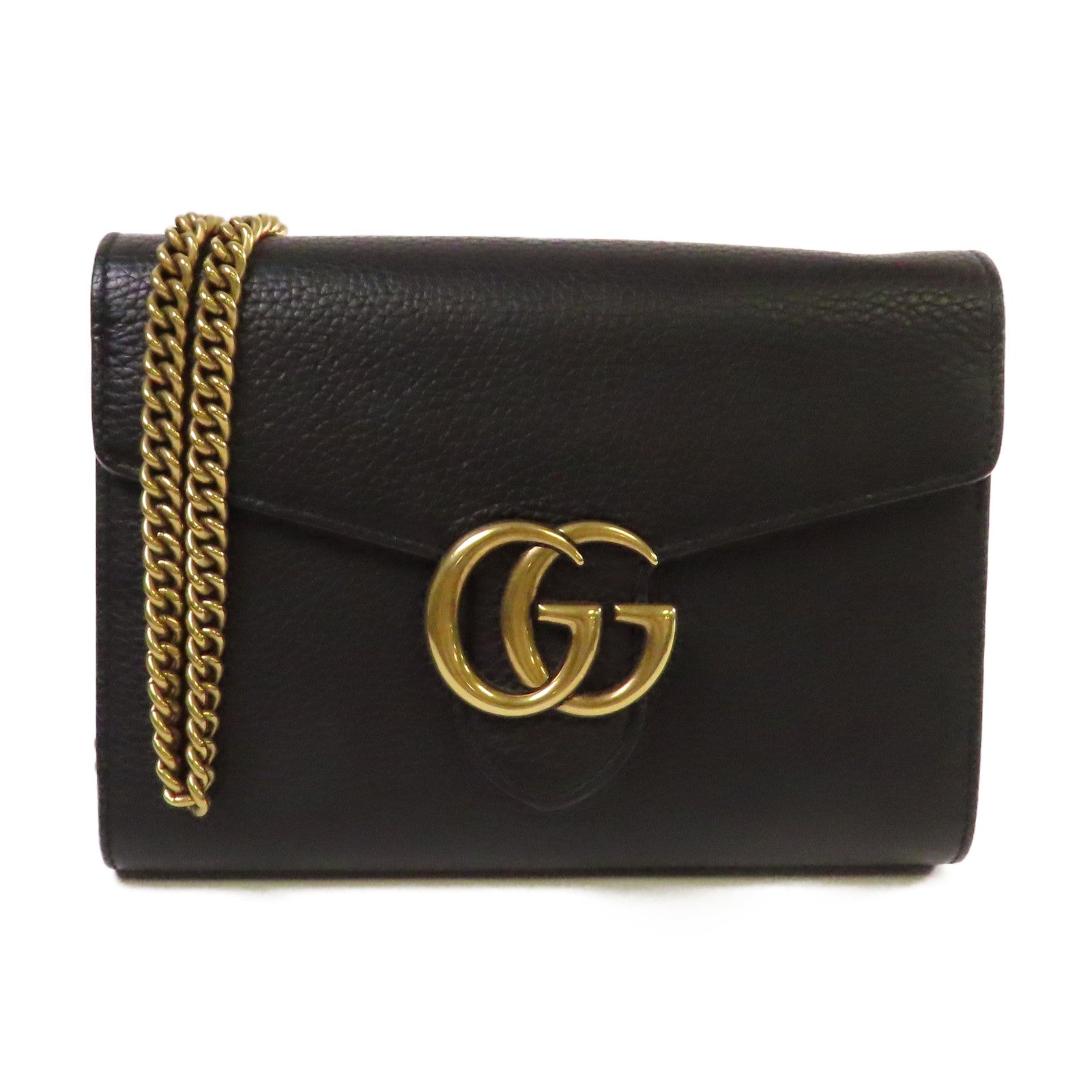 GUCCI 牛皮皮革GG Marmont Wallet On Chain Shoulder Bag金扣鏈帶肩背袋黑色