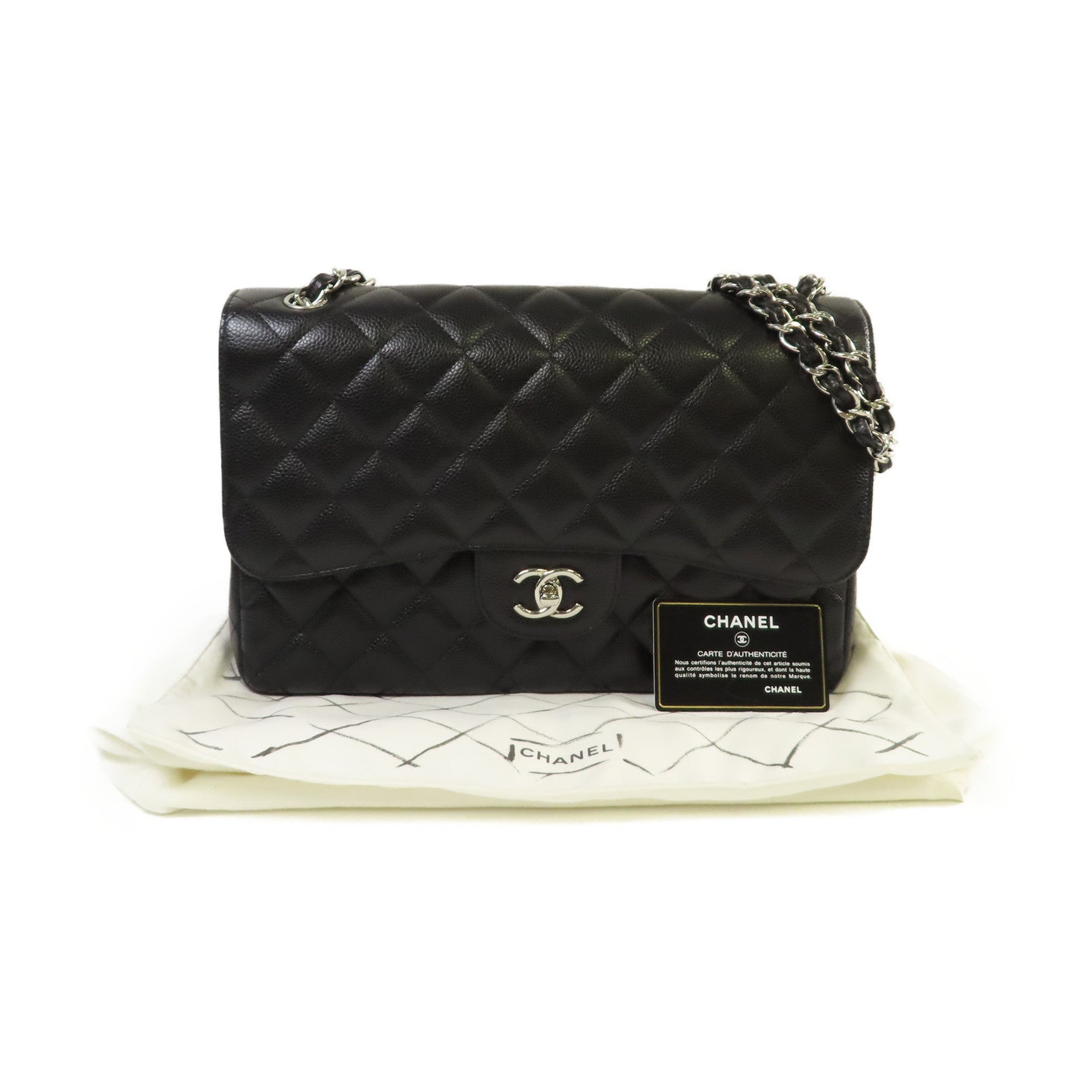 CHANEL 菱格Caviar皮革Jumbo Classic Flap Bag銀扣鏈帶肩背袋黑色