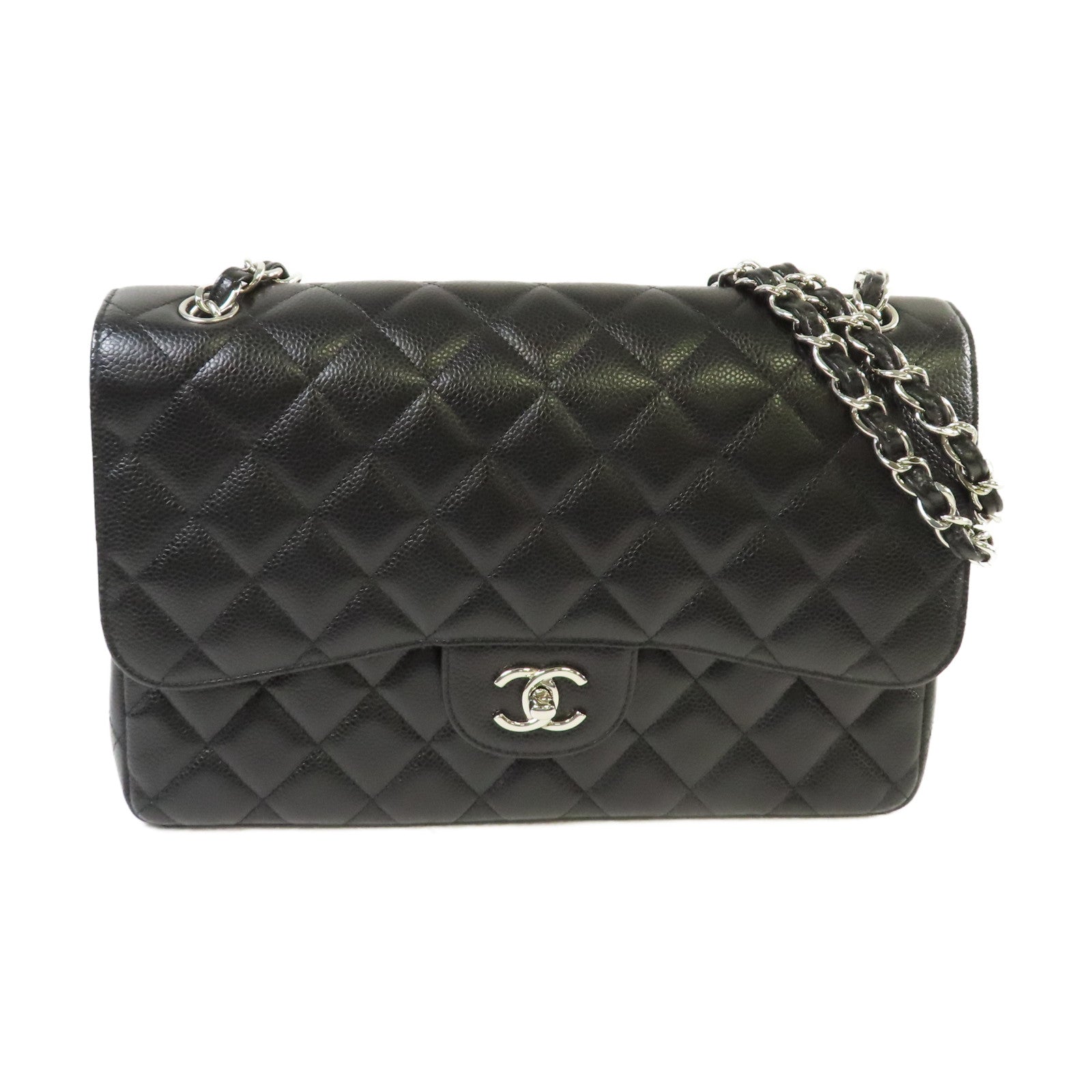 CHANEL 菱格Caviar皮革Jumbo Classic Flap Bag銀扣鏈帶肩背袋黑色