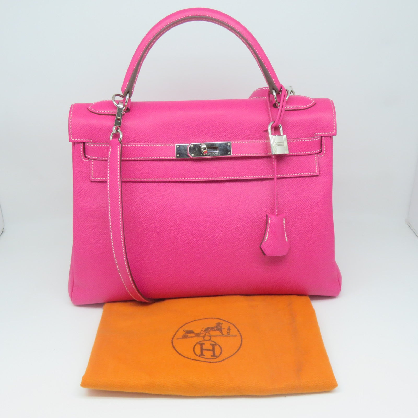HERMES Epsom皮革Kelly 32银扣手挽肩背两用袋Tosca萤光桃红