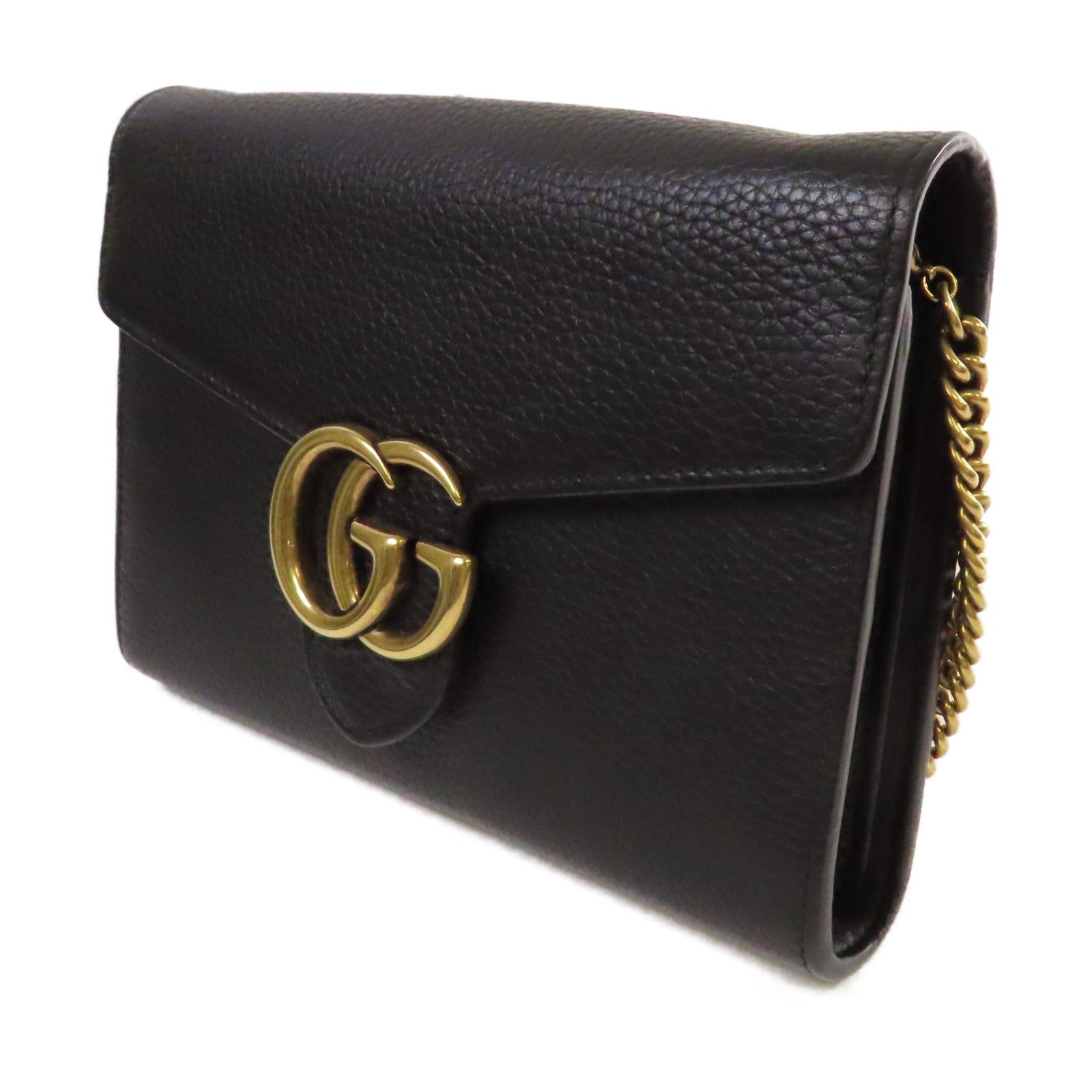 GUCCI 牛皮皮革GG Marmont Wallet On Chain Shoulder Bag金扣鏈帶肩背袋黑色