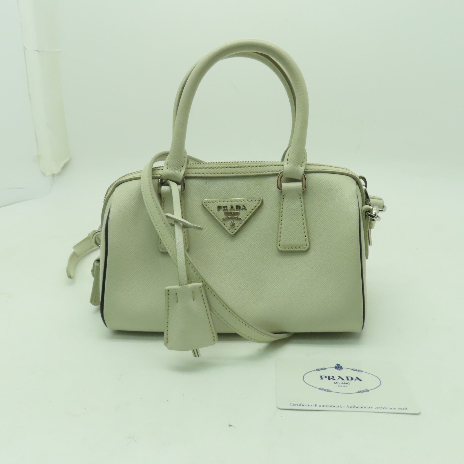 PRADA 牛皮皮革2 Way Shoulder銀扣手挽肩背兩用袋白色