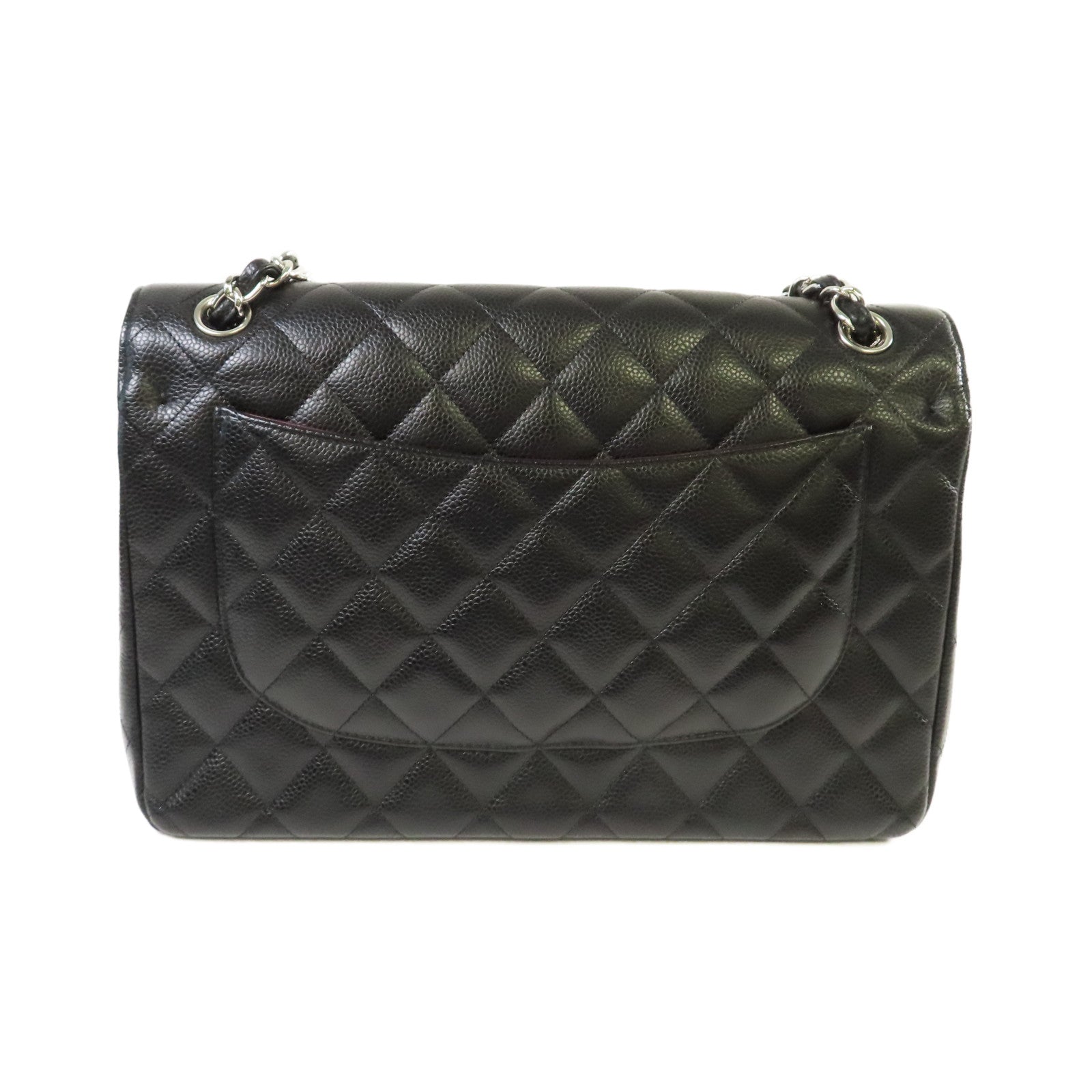 CHANEL 菱格Caviar皮革Jumbo Classic Flap Bag銀扣鏈帶肩背袋黑色