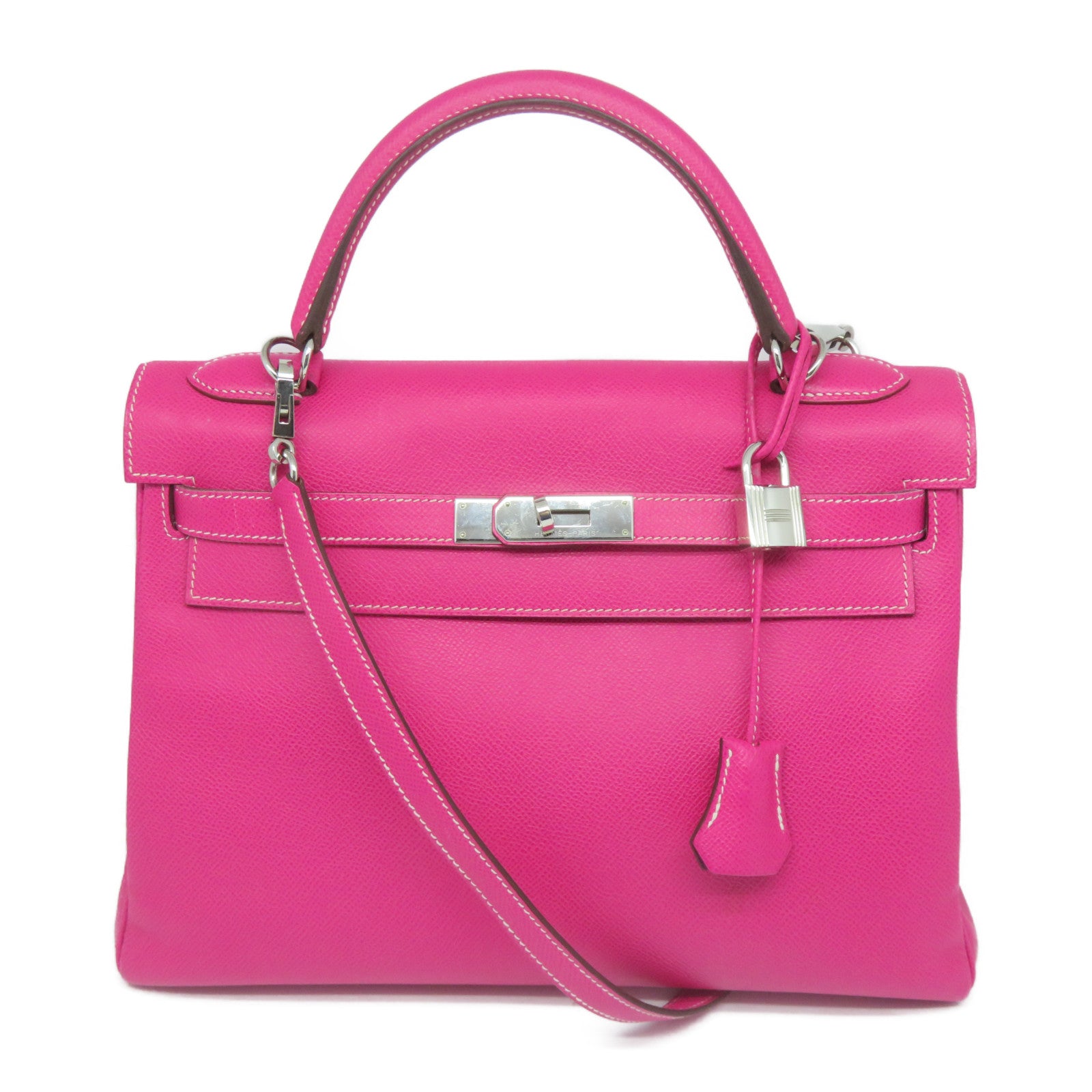 HERMES Epsom皮革Kelly 32银扣手挽肩背两用袋Tosca萤光桃红