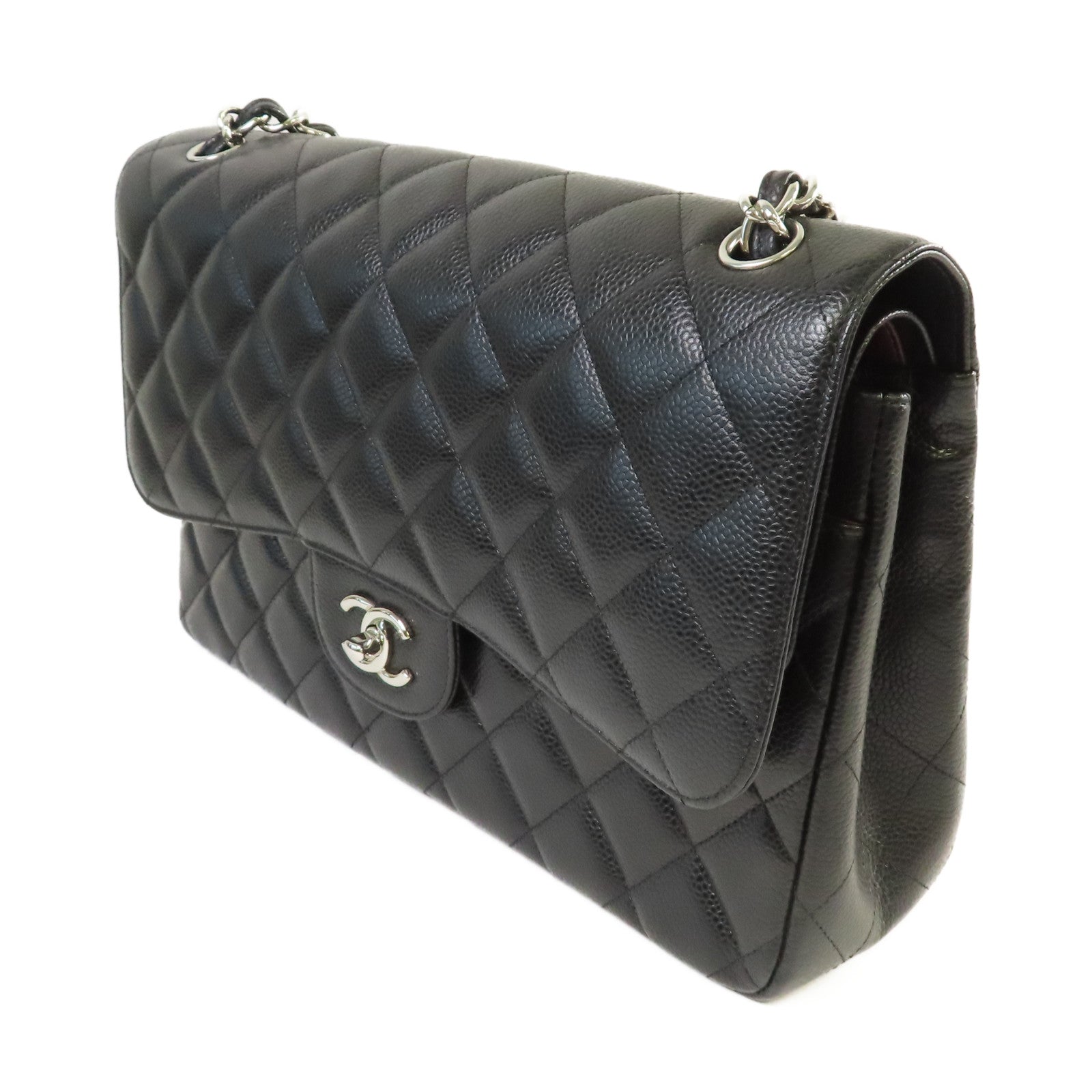 CHANEL 菱格Caviar皮革Jumbo Classic Flap Bag銀扣鏈帶肩背袋黑色