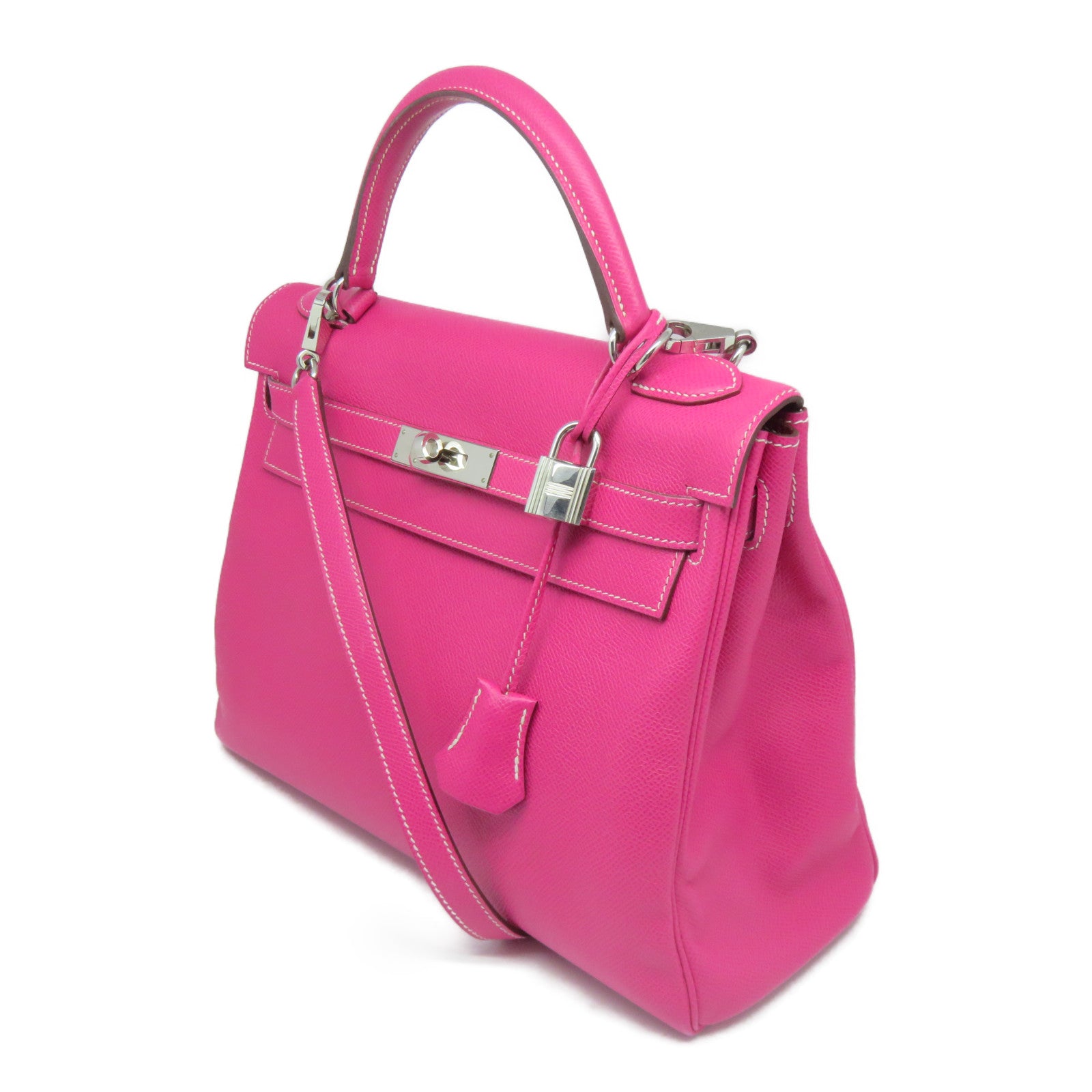 HERMES Epsom皮革Kelly 32银扣手挽肩背两用袋Tosca萤光桃红