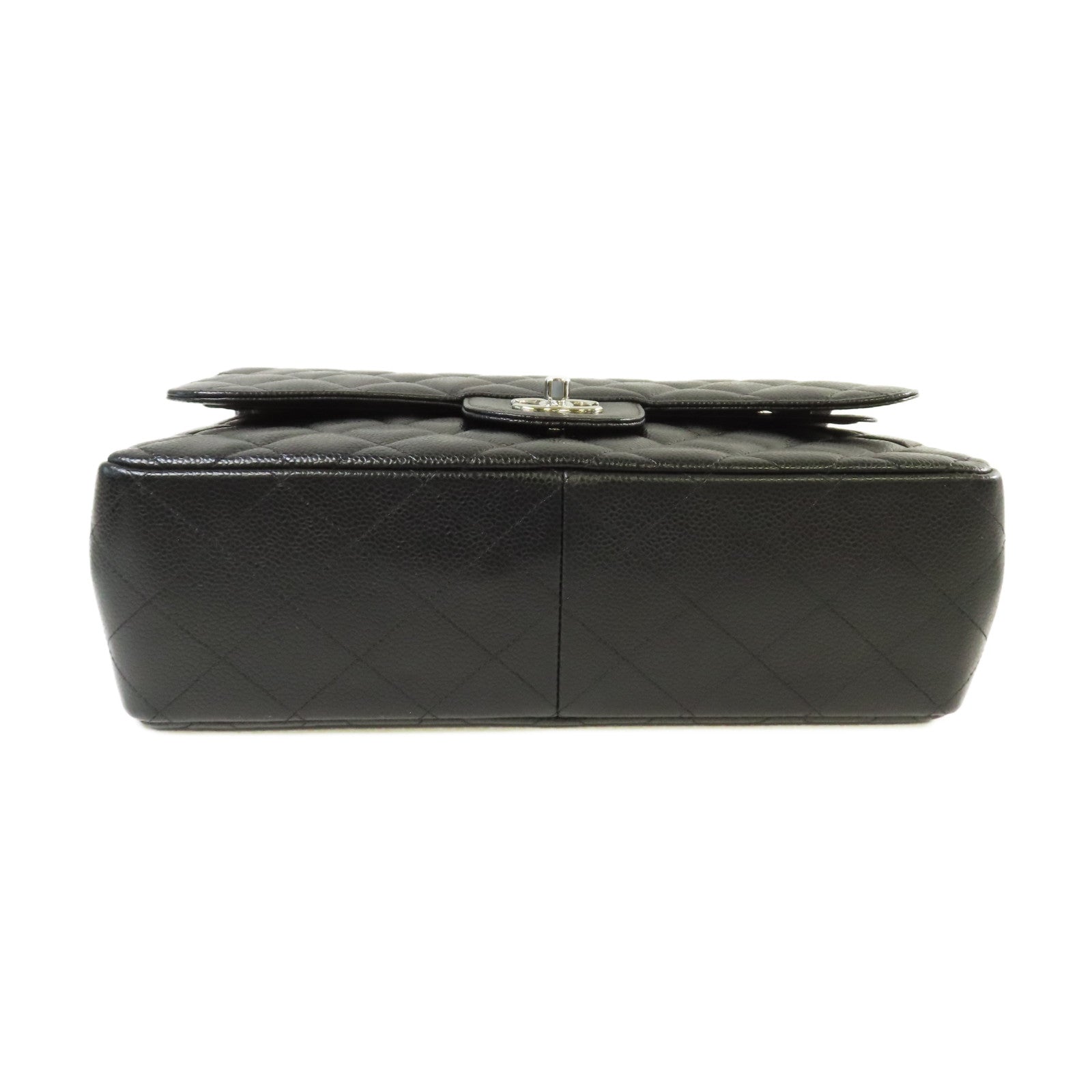 CHANEL 菱格Caviar皮革Jumbo Classic Flap Bag銀扣鏈帶肩背袋黑色
