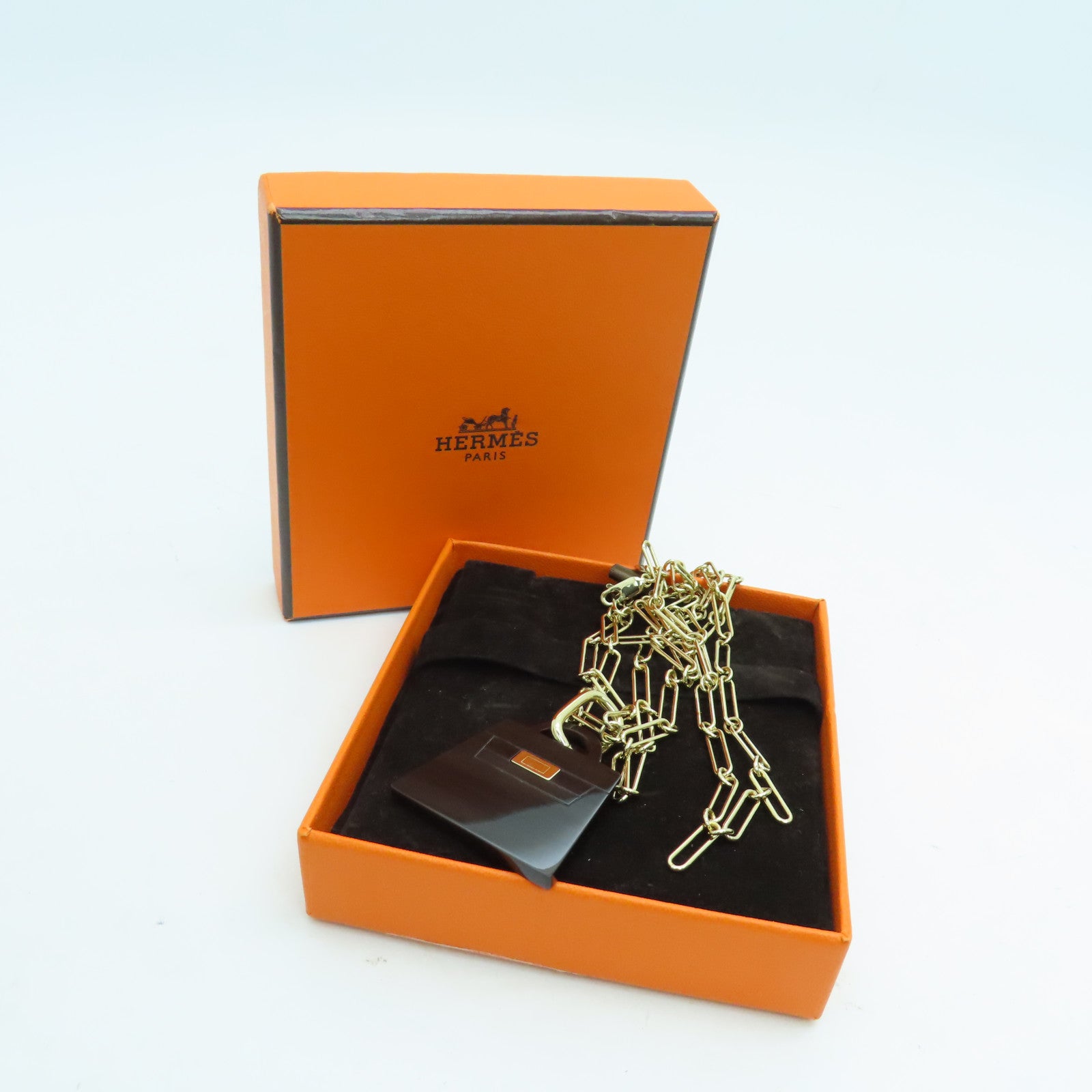 HERMES 水牛角/金屬Amulette Necklace項鍊金扣黑色