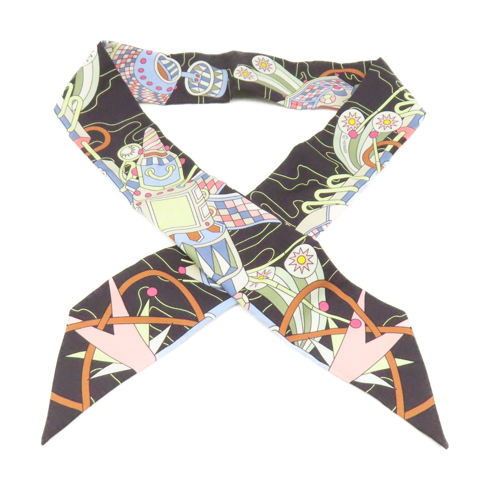 HERMES 【激減優惠】絲質Twilly Scarf絲巾黑色/粉紅色/彩色