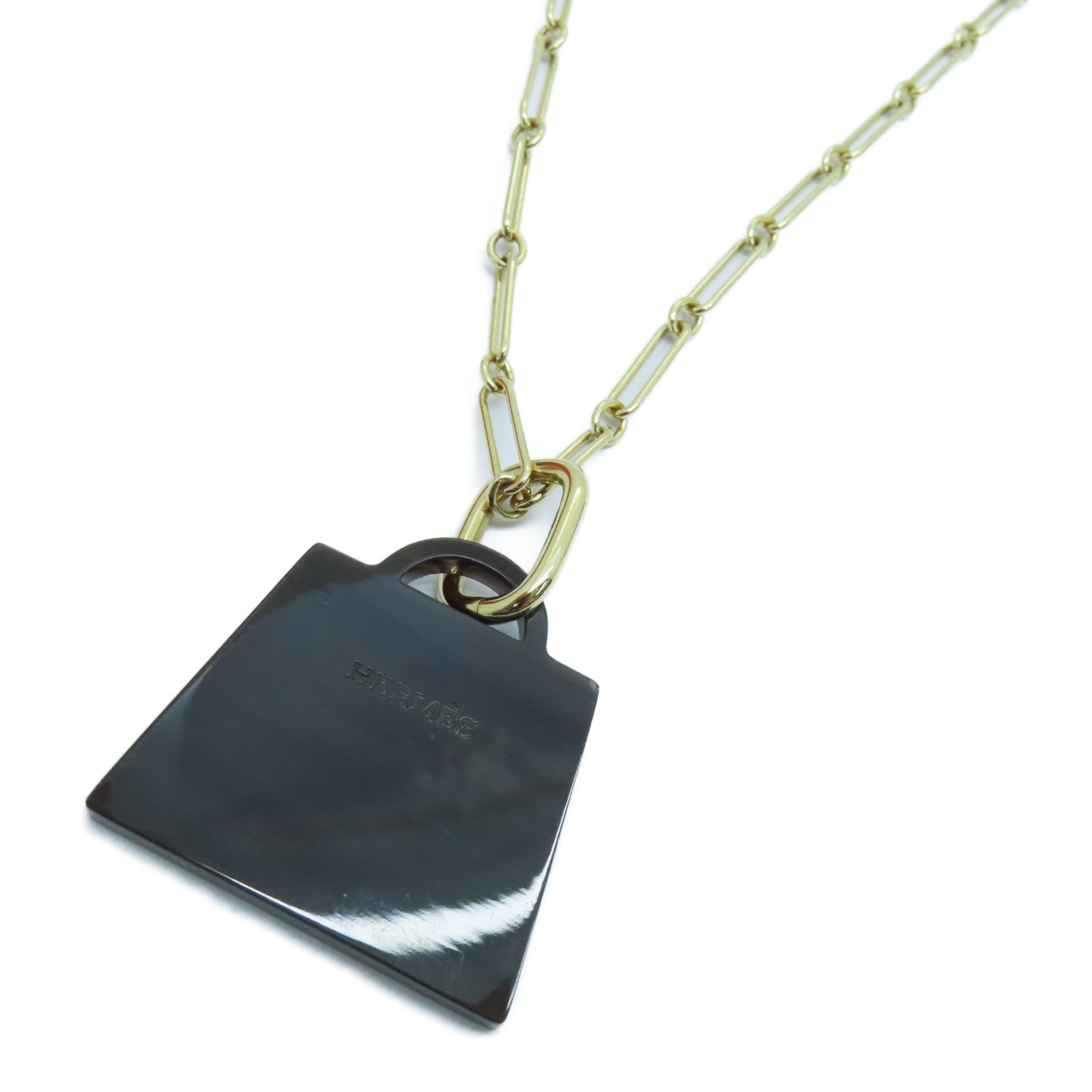 HERMES 水牛角/金屬Amulette Necklace項鍊金扣黑色