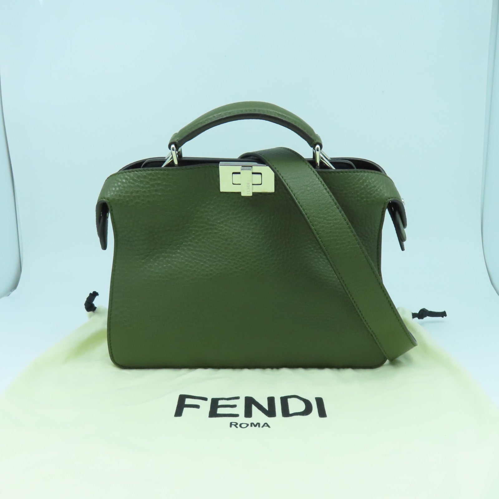 FENDI 牛皮皮革Peekaboo銀扣手挽肩背兩用袋綠色