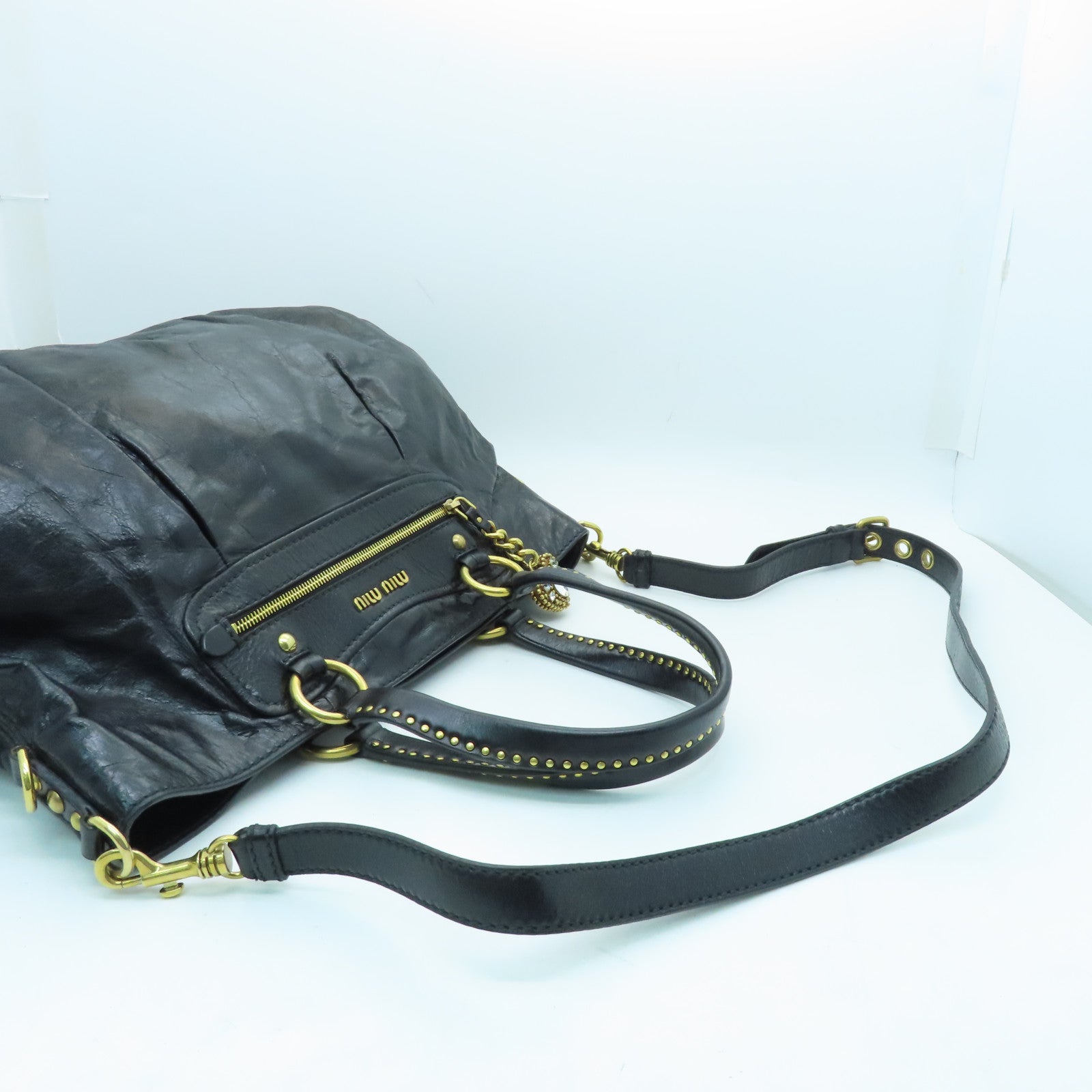 Miu Miu cowhide leather 2 Way Shoulder gold buckle handle shoulder bag black