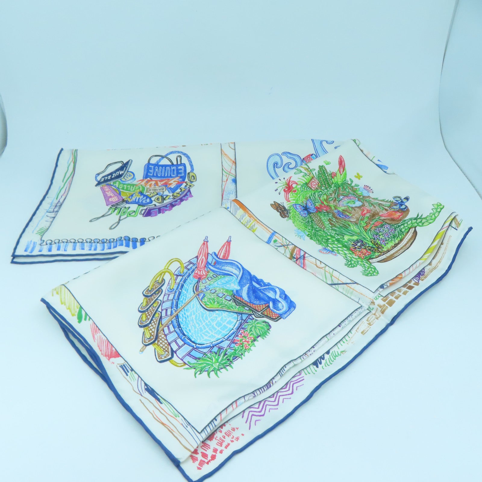 HERMES Silk 90X90 Scarf White/Blue