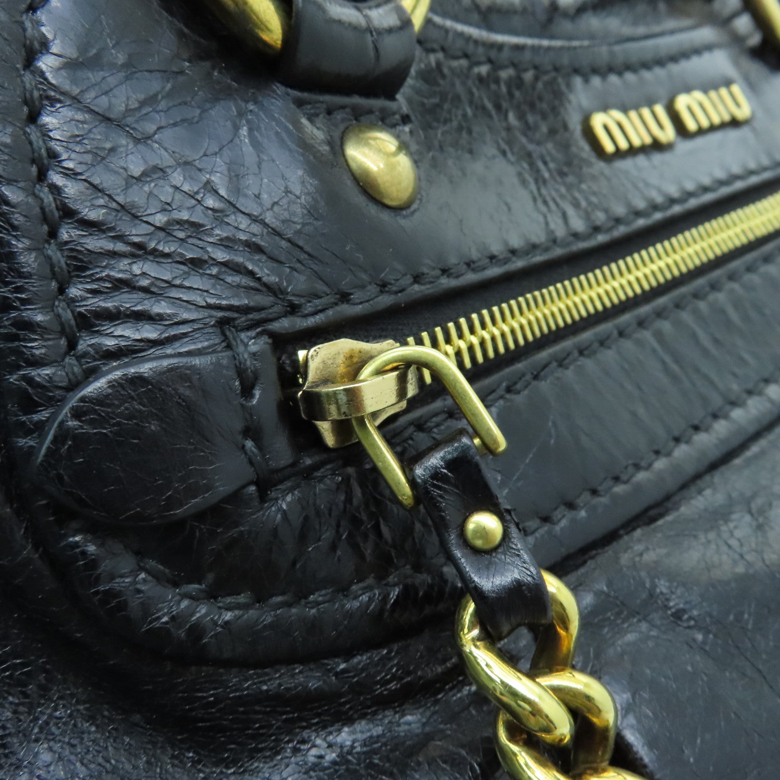 Miu Miu cowhide leather 2 Way Shoulder gold buckle handle shoulder bag black
