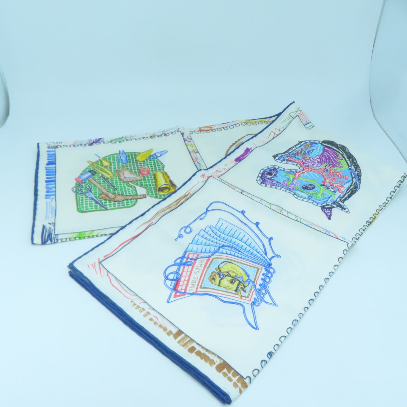 HERMES Silk 90X90 Scarf White/Blue