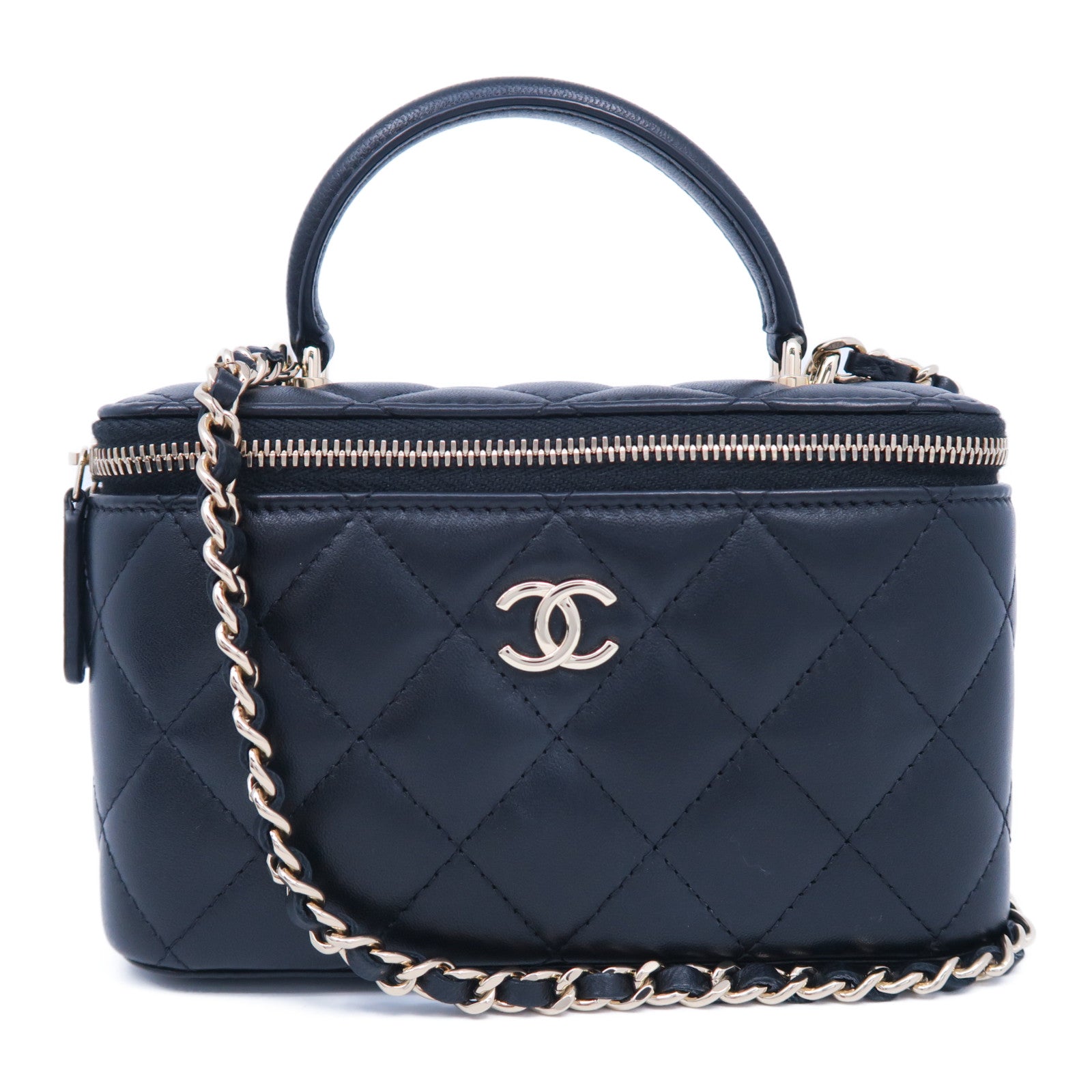 CHANEL 菱格羊皮皮革Chain Shoulder銀扣鏈帶手挽肩背兩用袋黑色