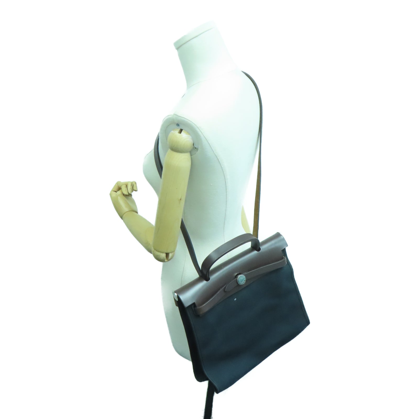 HERMES 帆布Herbag PM銀扣手挽肩背兩用袋黑色/棕色
