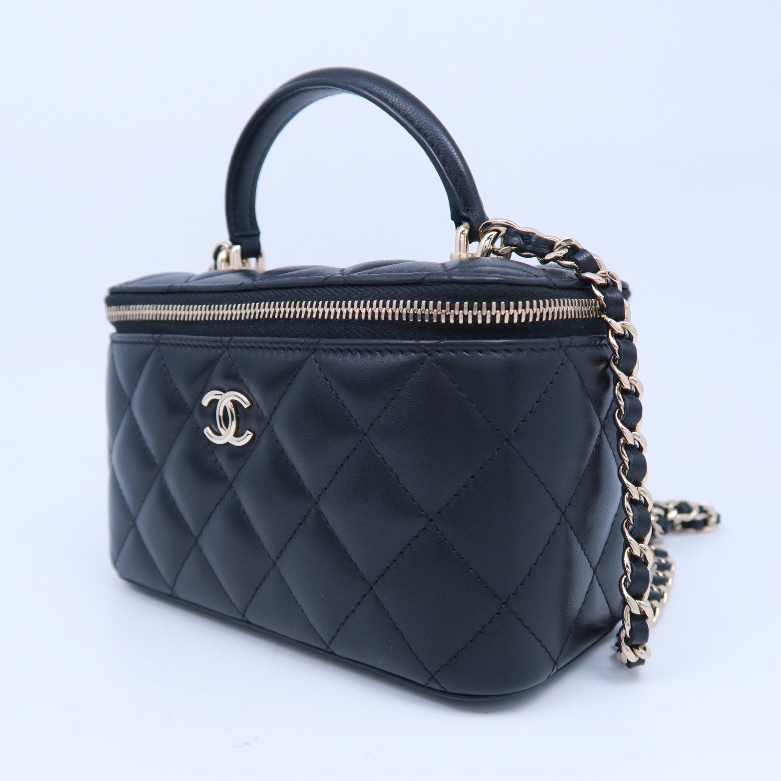 CHANEL 菱格羊皮皮革Chain Shoulder銀扣鏈帶手挽肩背兩用袋黑色