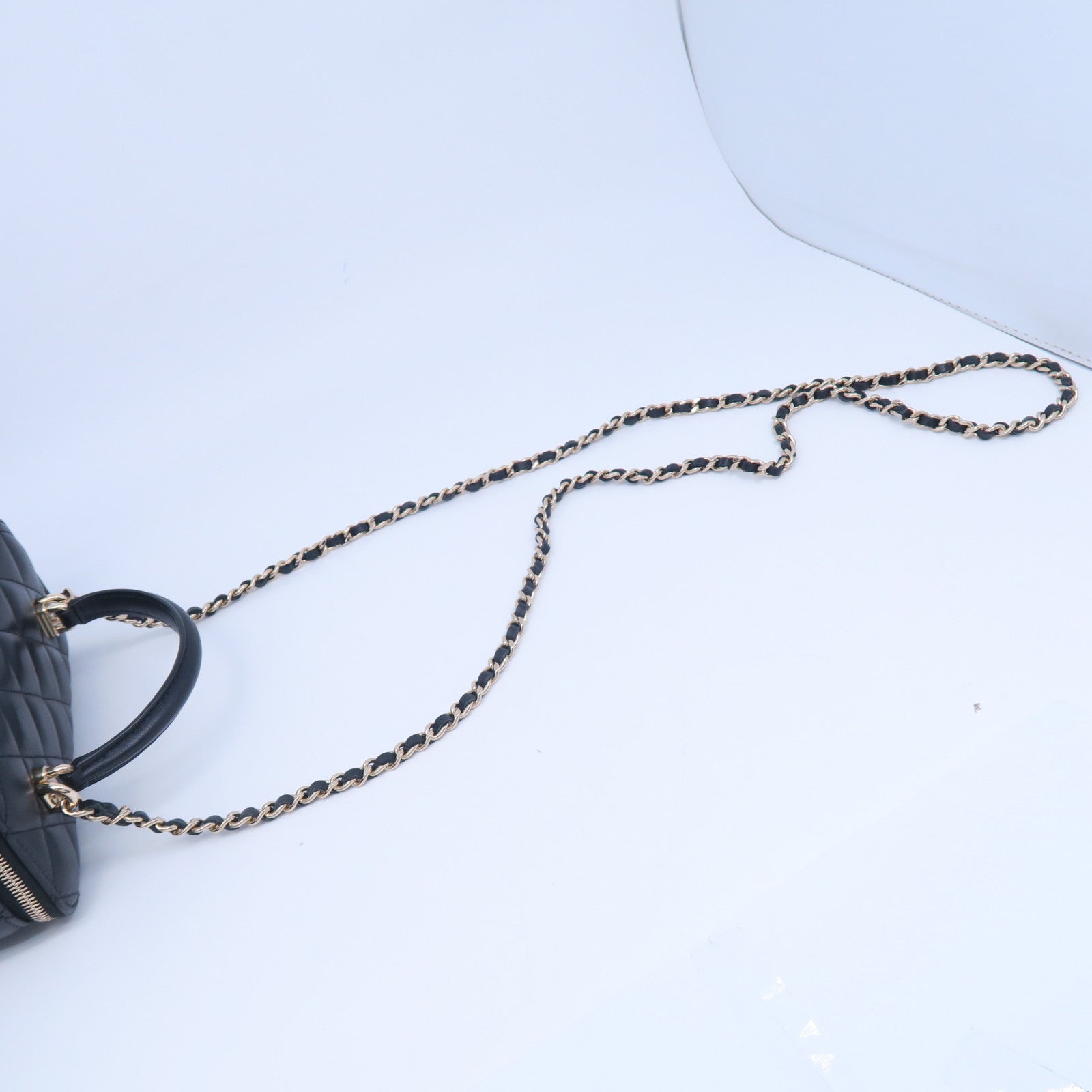 CHANEL 菱格羊皮皮革Chain Shoulder銀扣鏈帶手挽肩背兩用袋黑色