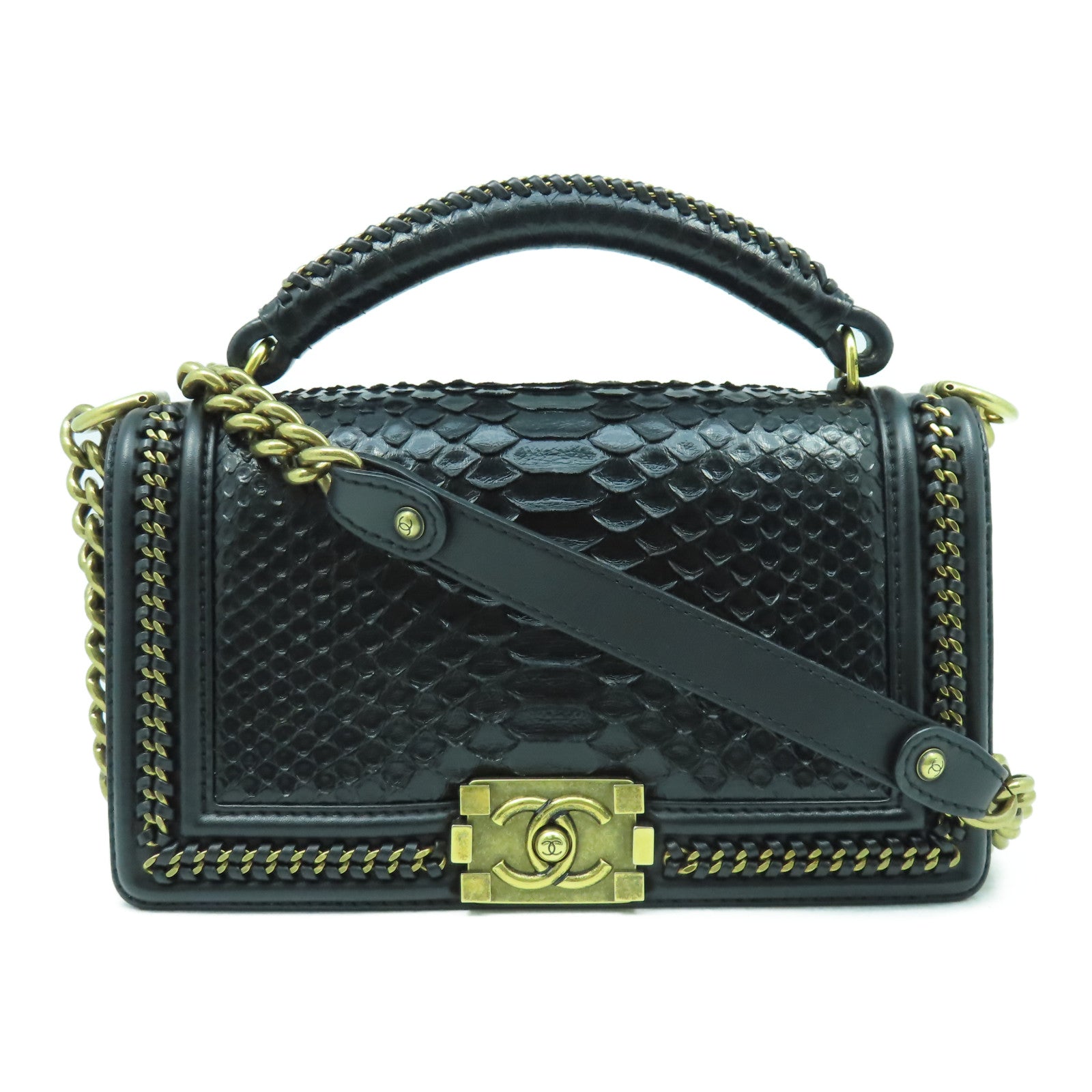 CHANEL 蛇皮皮革Chanel Boy 25cm金扣手挽肩背兩用袋黑色