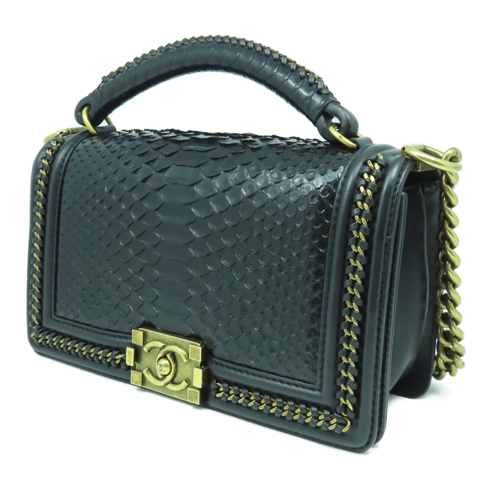 CHANEL 蛇皮皮革Chanel Boy 25cm金扣手挽肩背兩用袋黑色