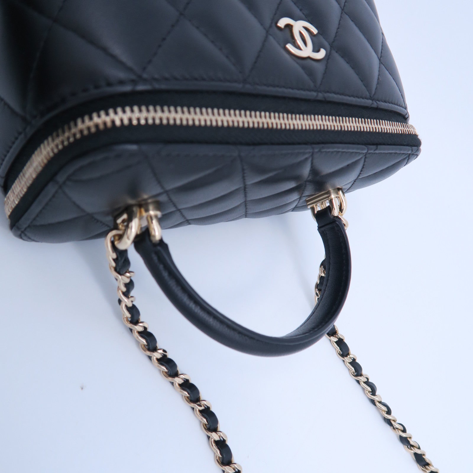CHANEL 菱格羊皮皮革Chain Shoulder銀扣鏈帶手挽肩背兩用袋黑色