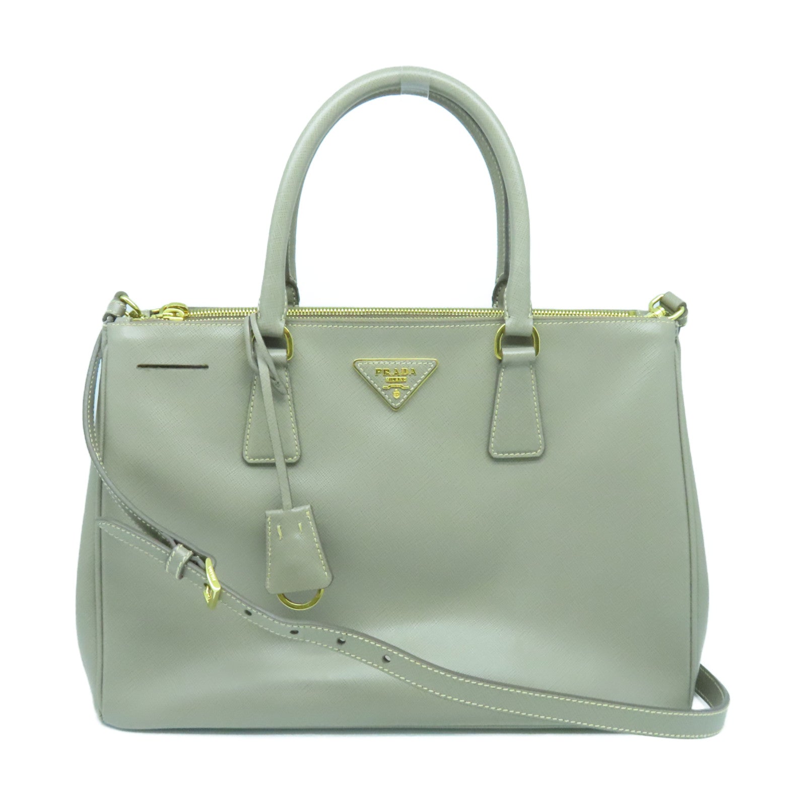 PRADA Saffiano皮革Galleria金扣手挽肩背两用袋灰褐色