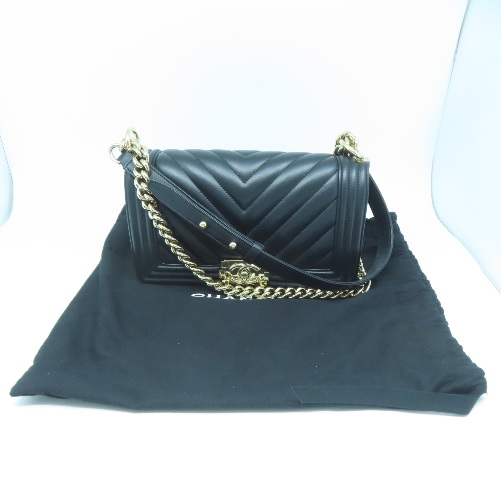 CHANEL 【激減優惠】斜紋羊皮皮革Chanel Boy 25金扣鏈帶肩背袋黑色
