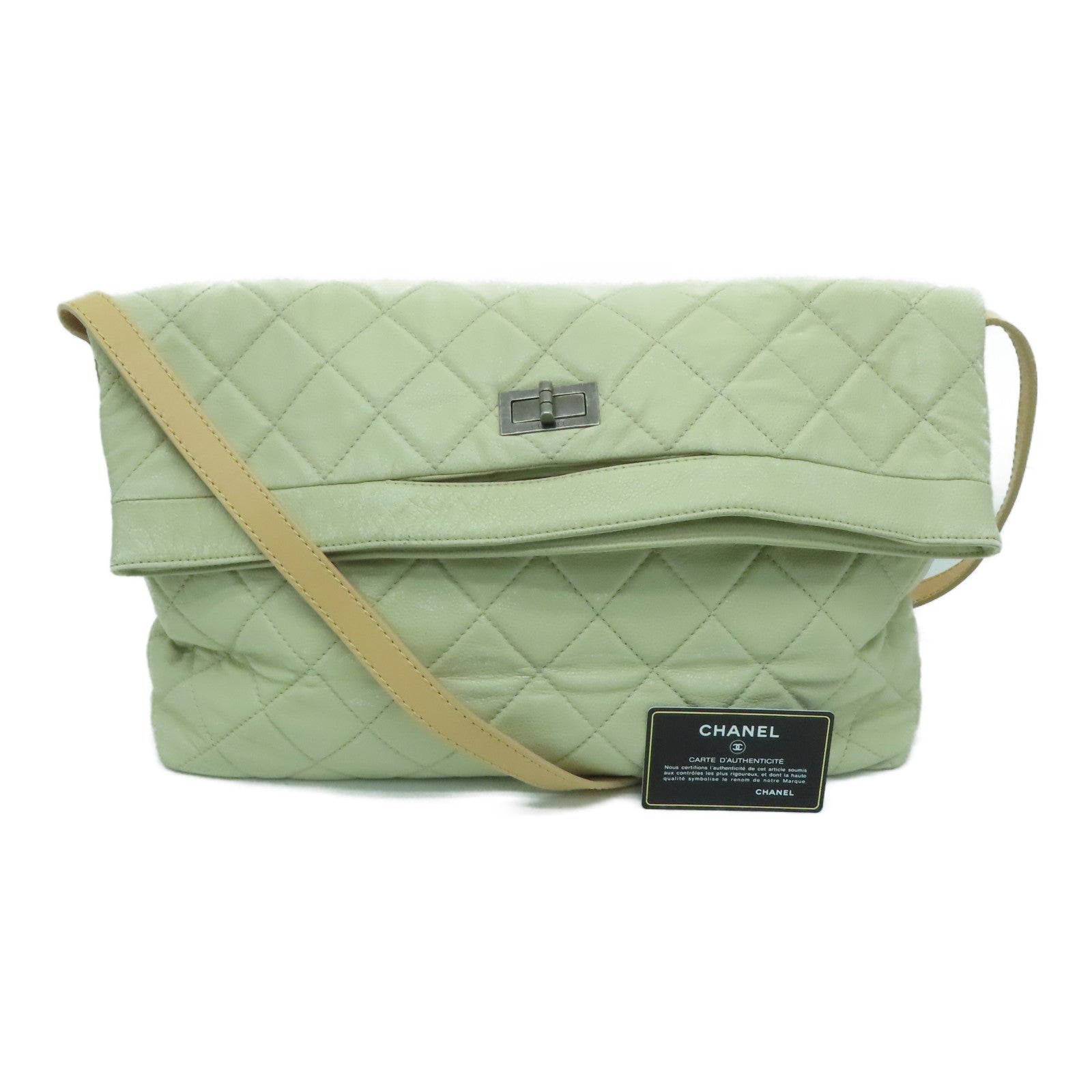 CHANEL 【激减优惠】菱格牛皮皮革Shoulder Bag银扣肩背袋米色