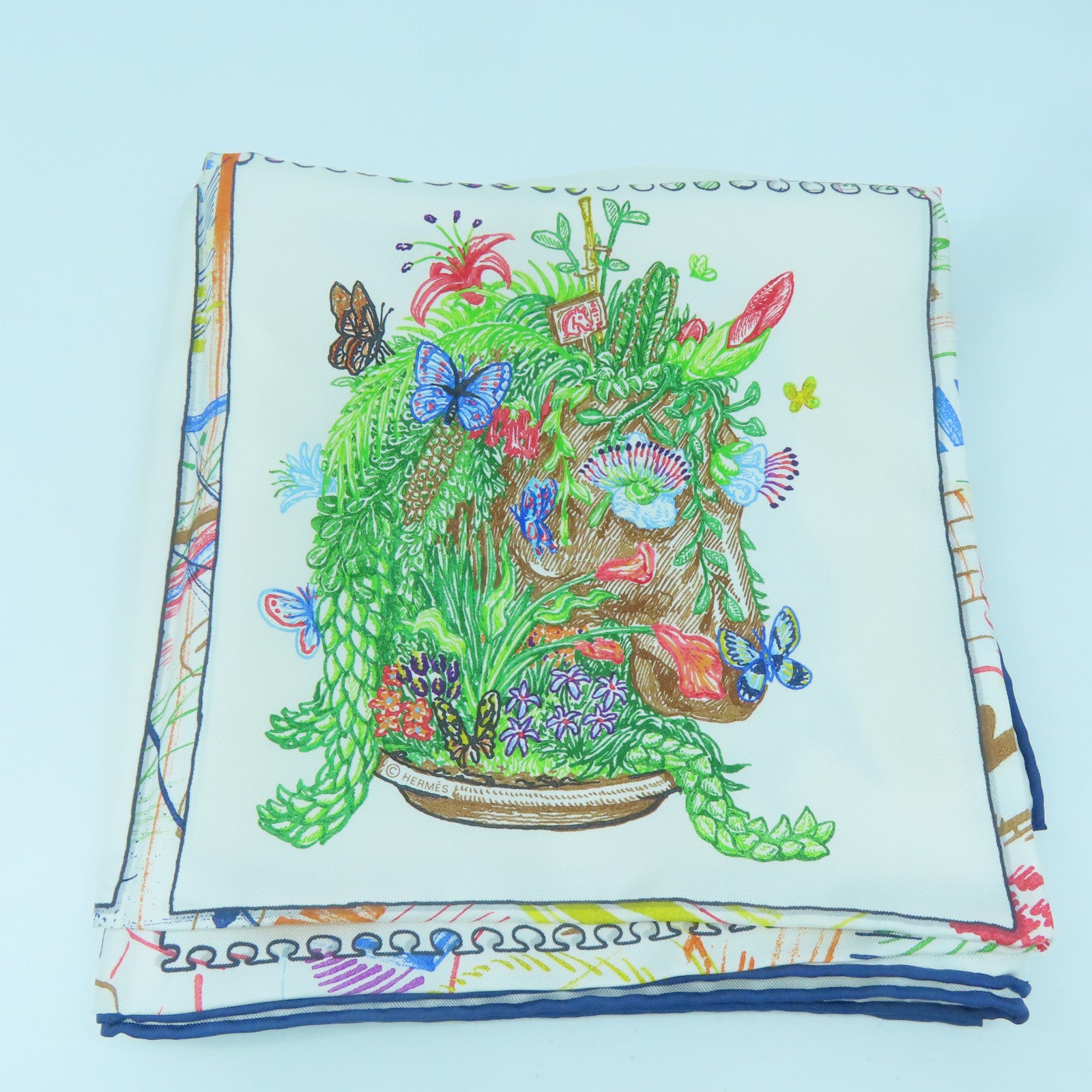HERMES Silk 90X90 Scarf White/Blue
