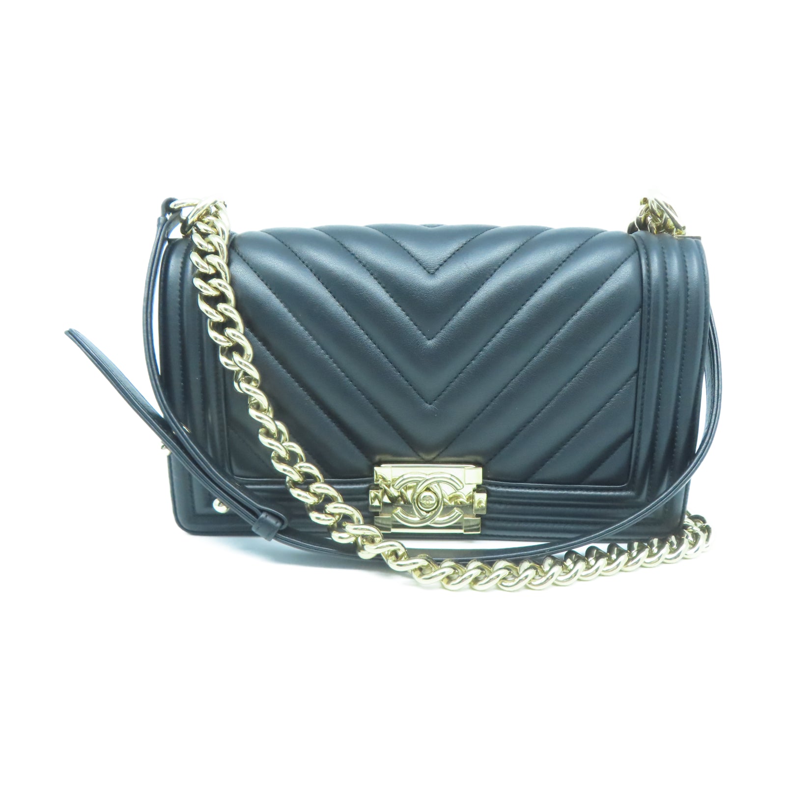 CHANEL 【激減優惠】斜紋羊皮皮革Chanel Boy 25金扣鏈帶肩背袋黑色