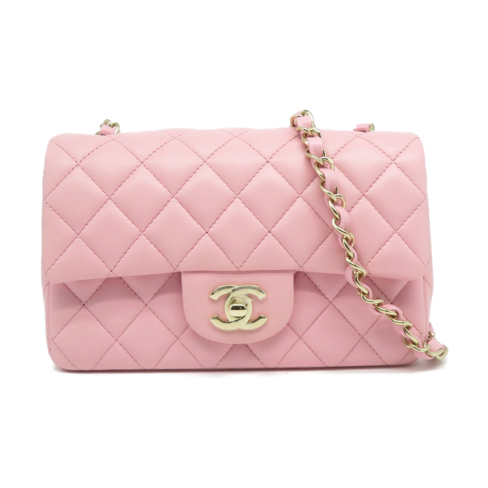 CHANEL 菱格羊皮皮革Classic 20cm金扣鏈帶肩背袋粉紅色