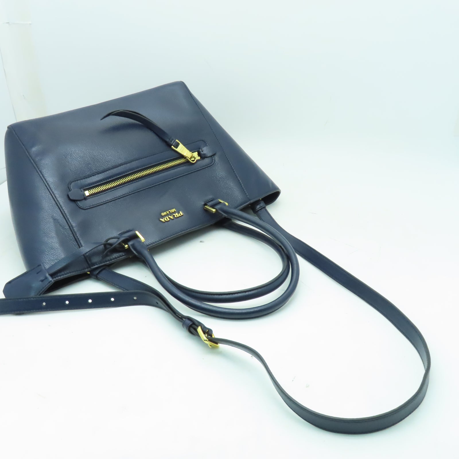 PRADA 牛皮皮革2 Way Shoulder金扣手挽肩背兩用袋藍色