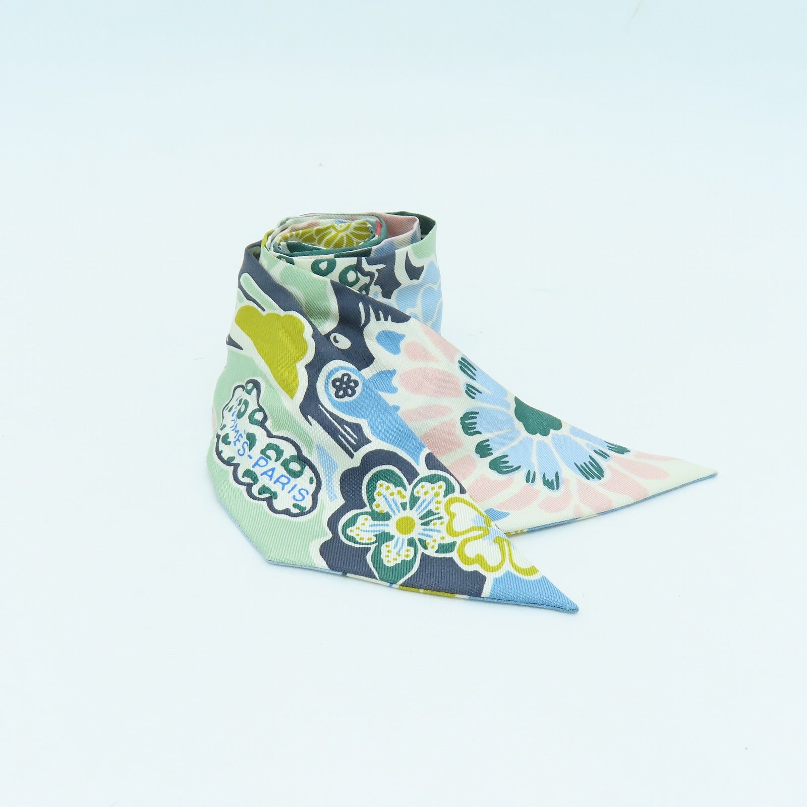 HERMES Silk Twilly Scarf Light Blue/Green/Color
