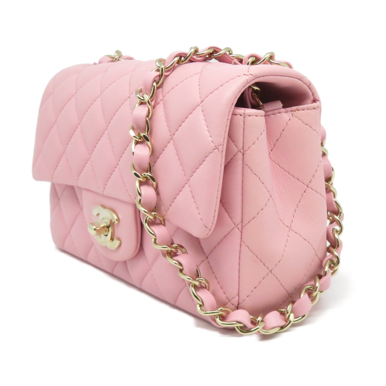 CHANEL 菱格羊皮皮革Classic 20cm金扣鏈帶肩背袋粉紅色