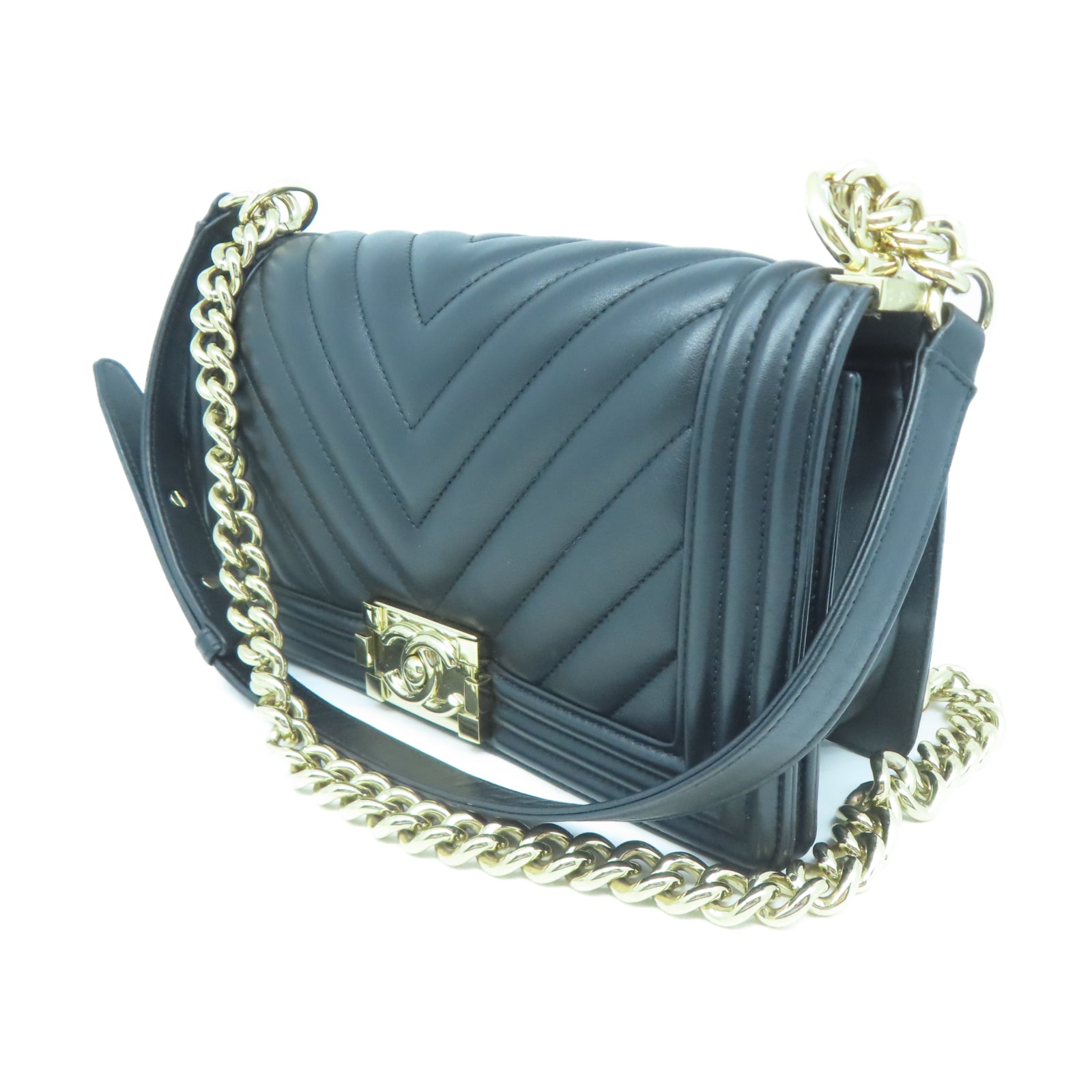 CHANEL 【激減優惠】斜紋羊皮皮革Chanel Boy 25金扣鏈帶肩背袋黑色