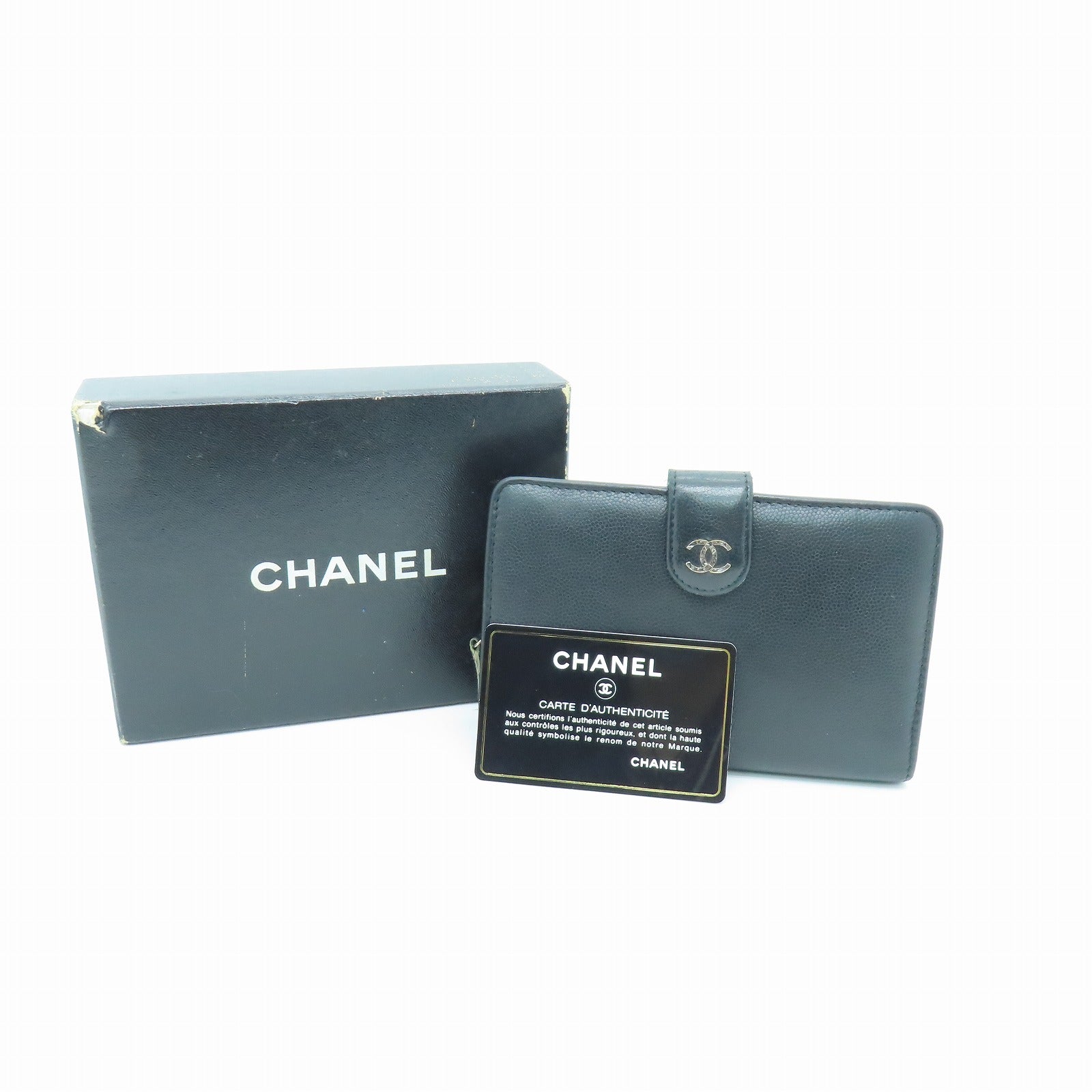CHANEL 皮革Wallet銀扣錢包黑色